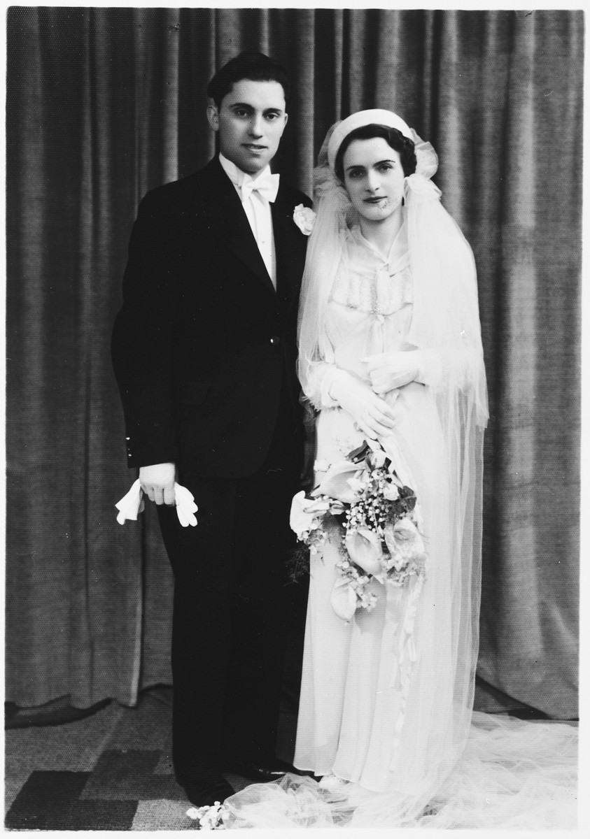 Wedding portrait of a Jewish couple, Leah Mendelowicz and Alex Ciechanow, in Antwerp, Belgium.