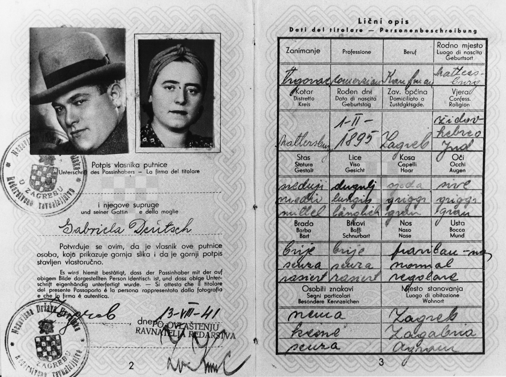 Croatian passport issued to a Jewish family, Josef and
Gabriela Deutsch and their three children, in Zagreb on August 13, 1941.