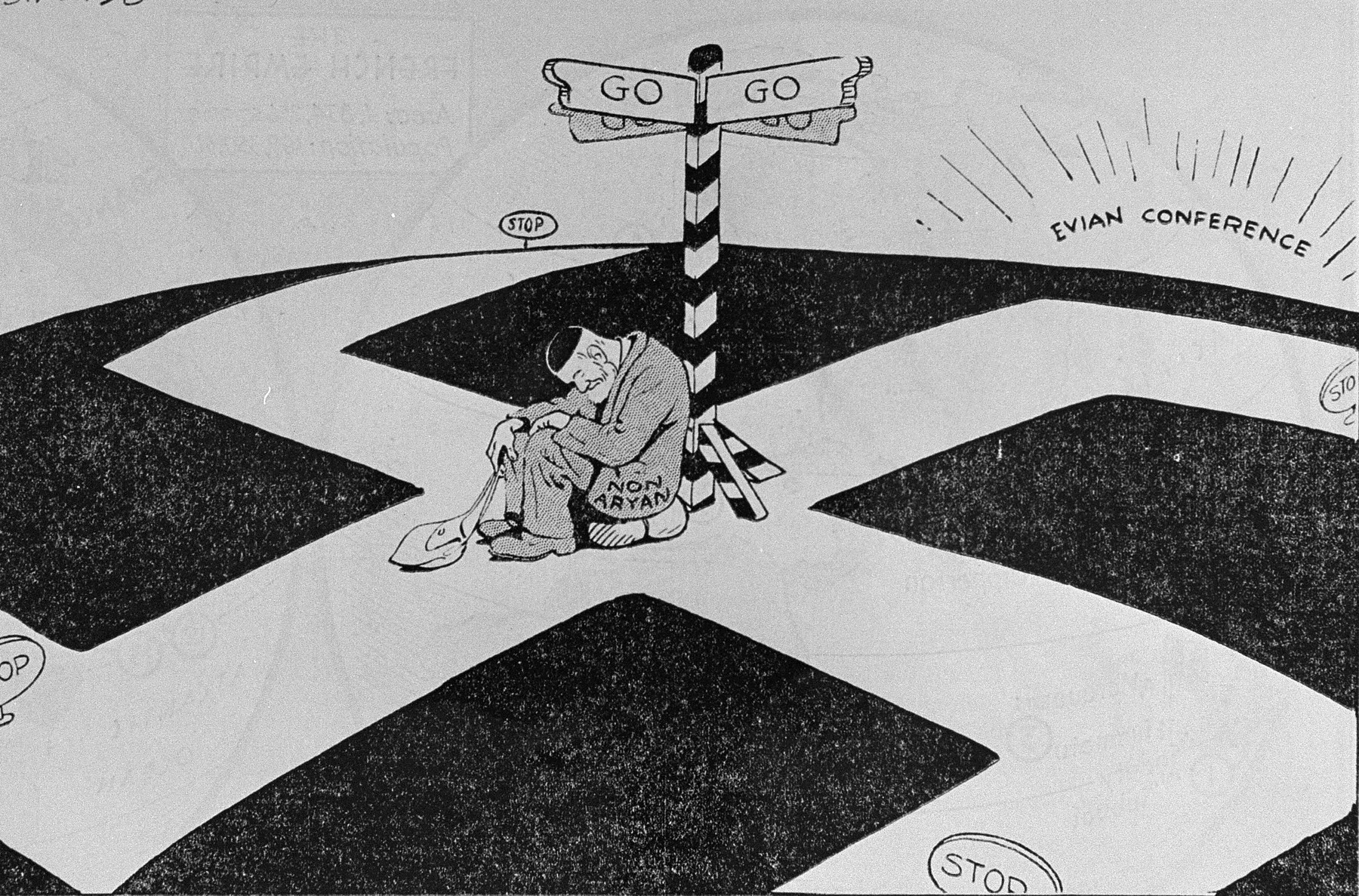 Political cartoon by Sidney 'George' Strube, entitled, "Will the Evian Conference guide him to freedom?" that was published in the Sunday, July 3, 1938 edition of The New York Times.