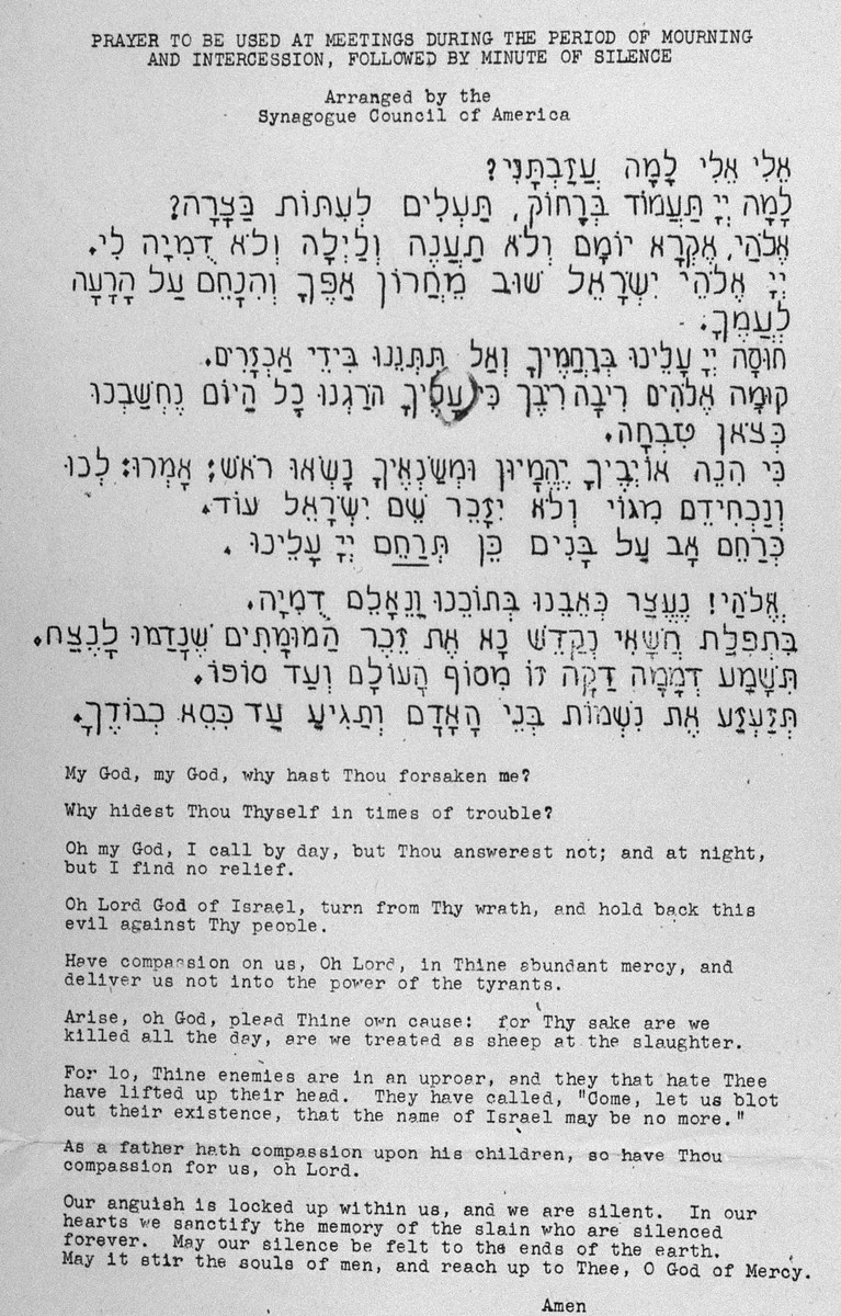 Copy of a prayer composed by Noah Golinken, a rabbinical student at The Jewish Theological Seminary of America in New York, expressing anguish at the slaughter of European Jewry.  The prayer, written in Hebrew and English, was adopted by the Synagogue Council of America.