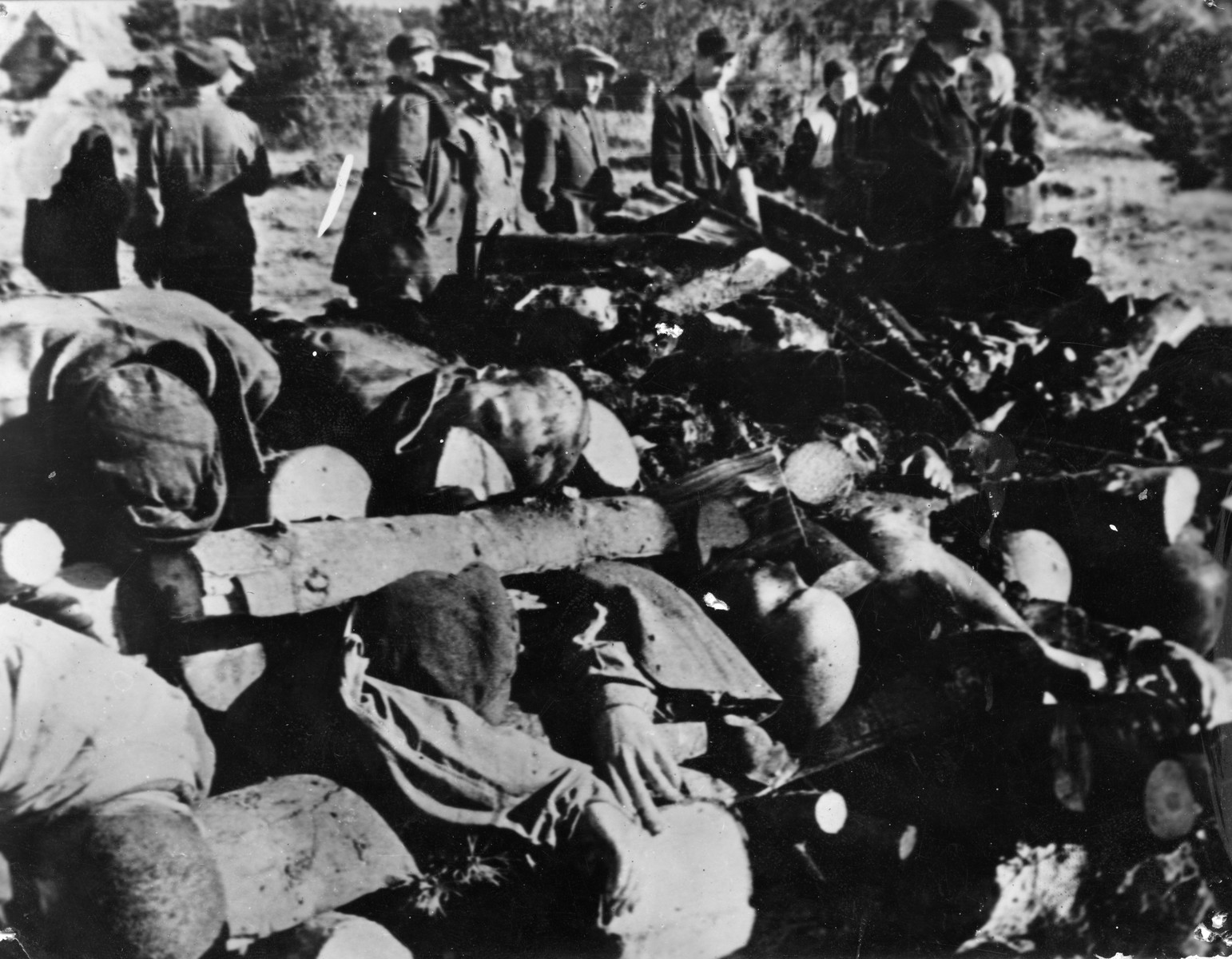 Members of a Soviet war crimes investigation commission view the bodies of slain prisoners which have been stacked for burning.