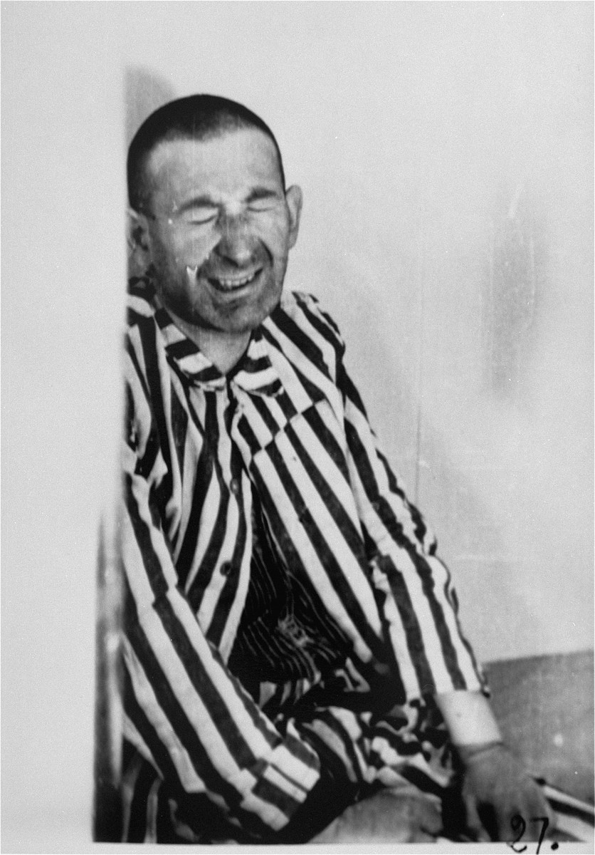 A prisoner in a special chamber responds to changing air pressure during high-altitude experiments.  For the benefit of the Luftwaffe, conditions simulating those found at 15,000 meters in altitude were created in an effort to determine if German pilots might survive at that height.