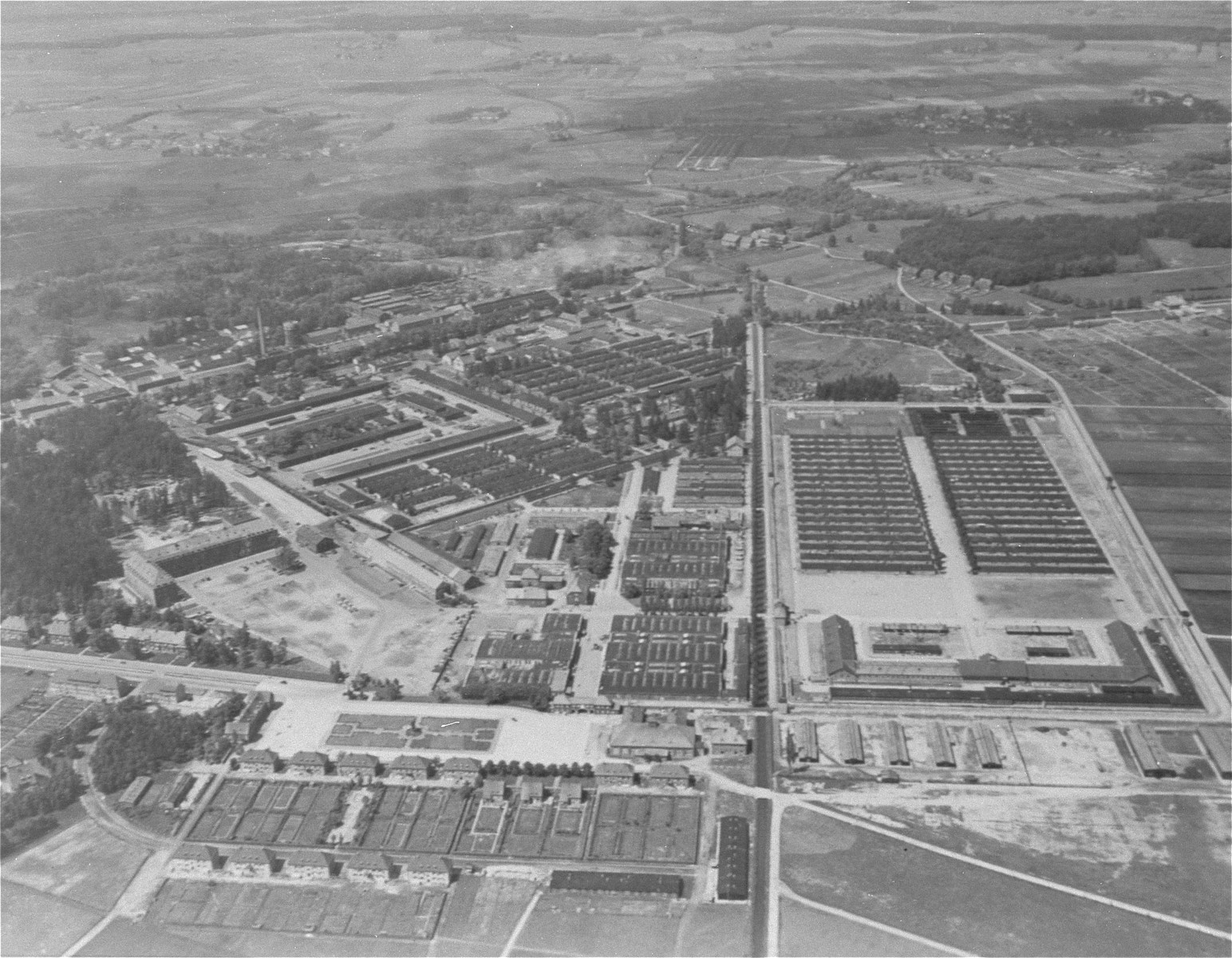An aerial view of the Dachau concentration camp.