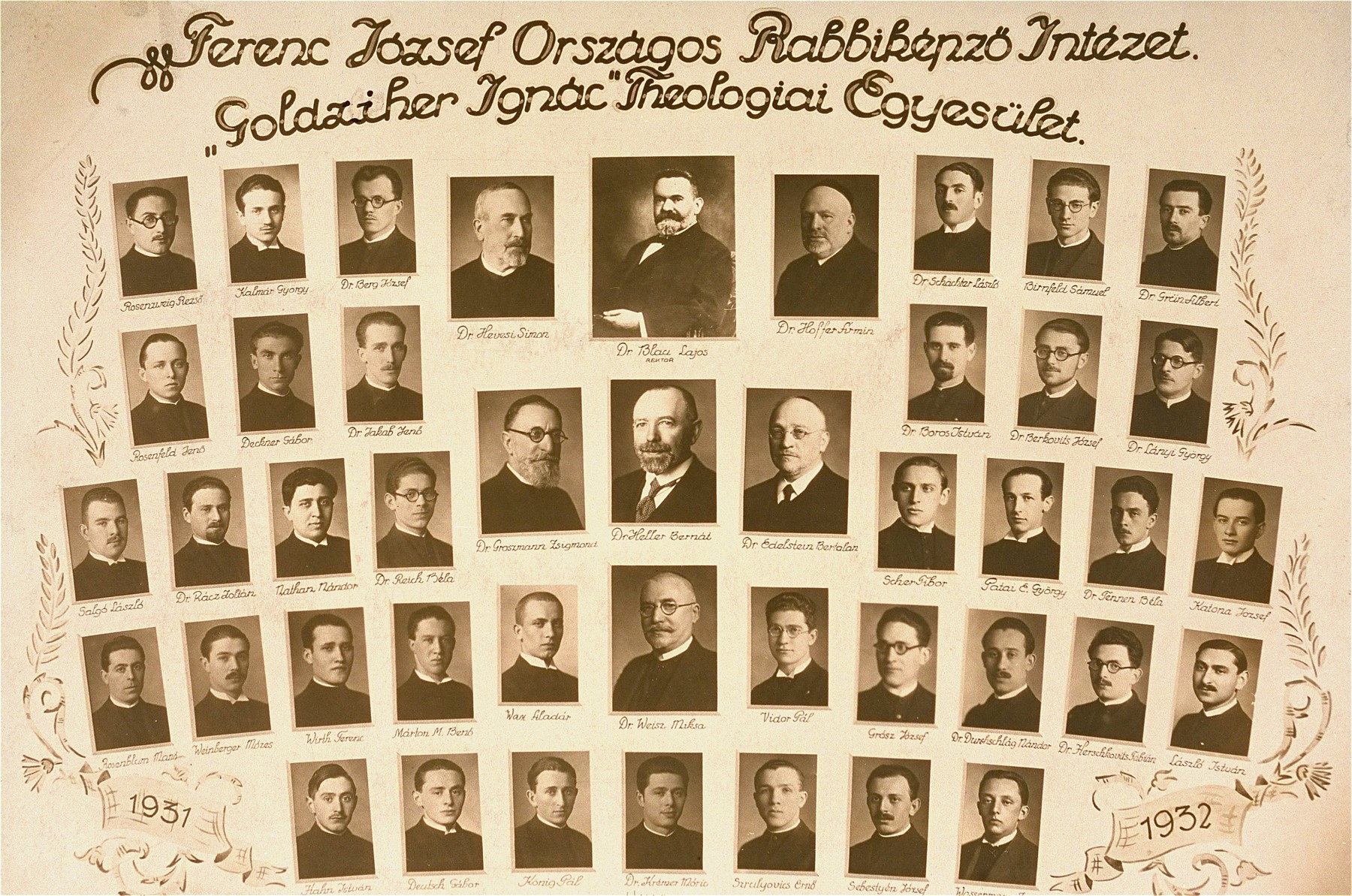 Class photograph of the rabbinical students at the Goldziher Ignac Theologiai Egyesulet (rabbinical seminary), 1931-32.  Included are Jozsef Katona and Raphael Patai.