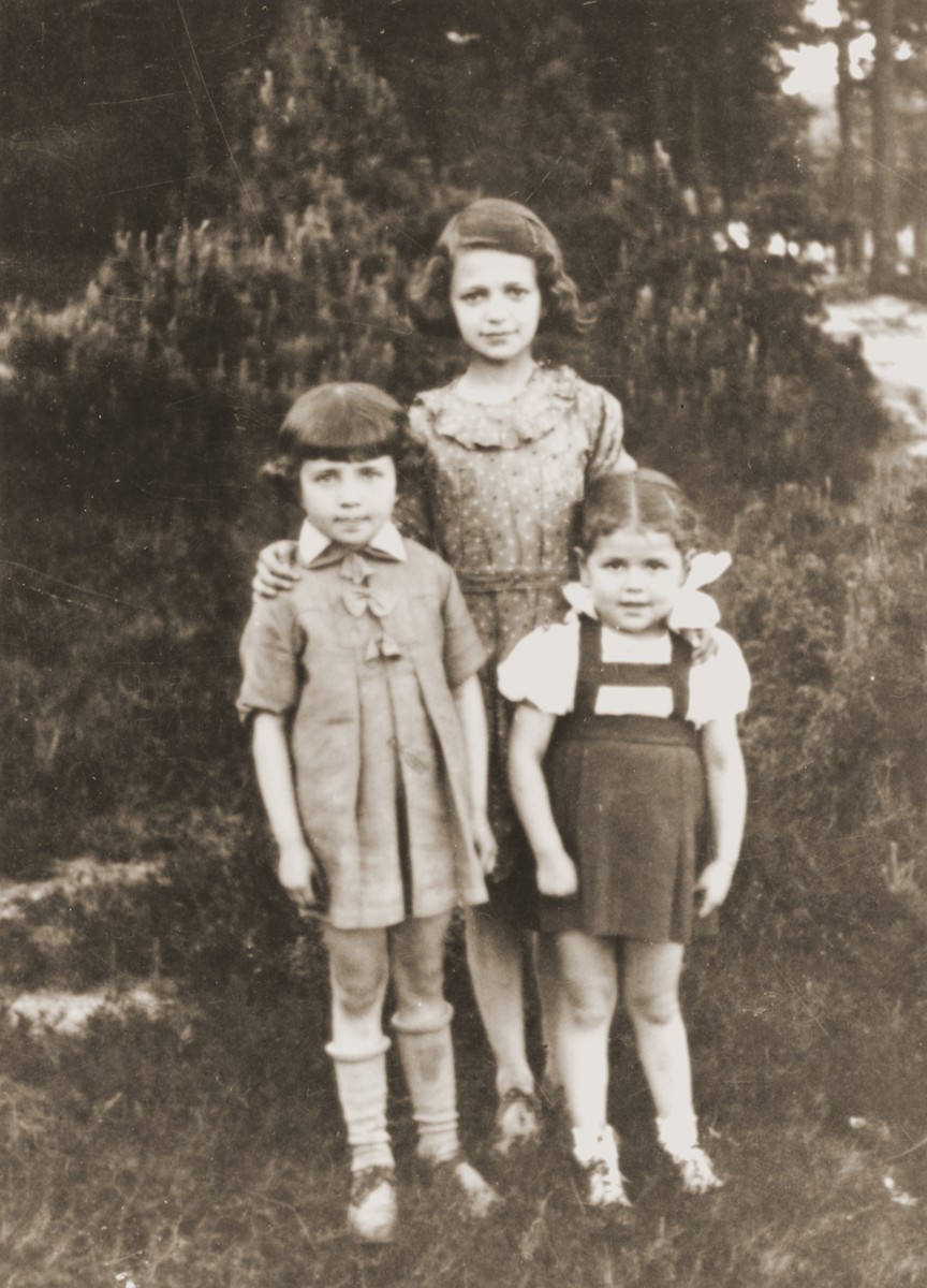 Three Jewish children pose outside in Wolbrom, Poland.

Pictured are Estera (left), Hadasa (middle), and Chana (right) Werdygier.