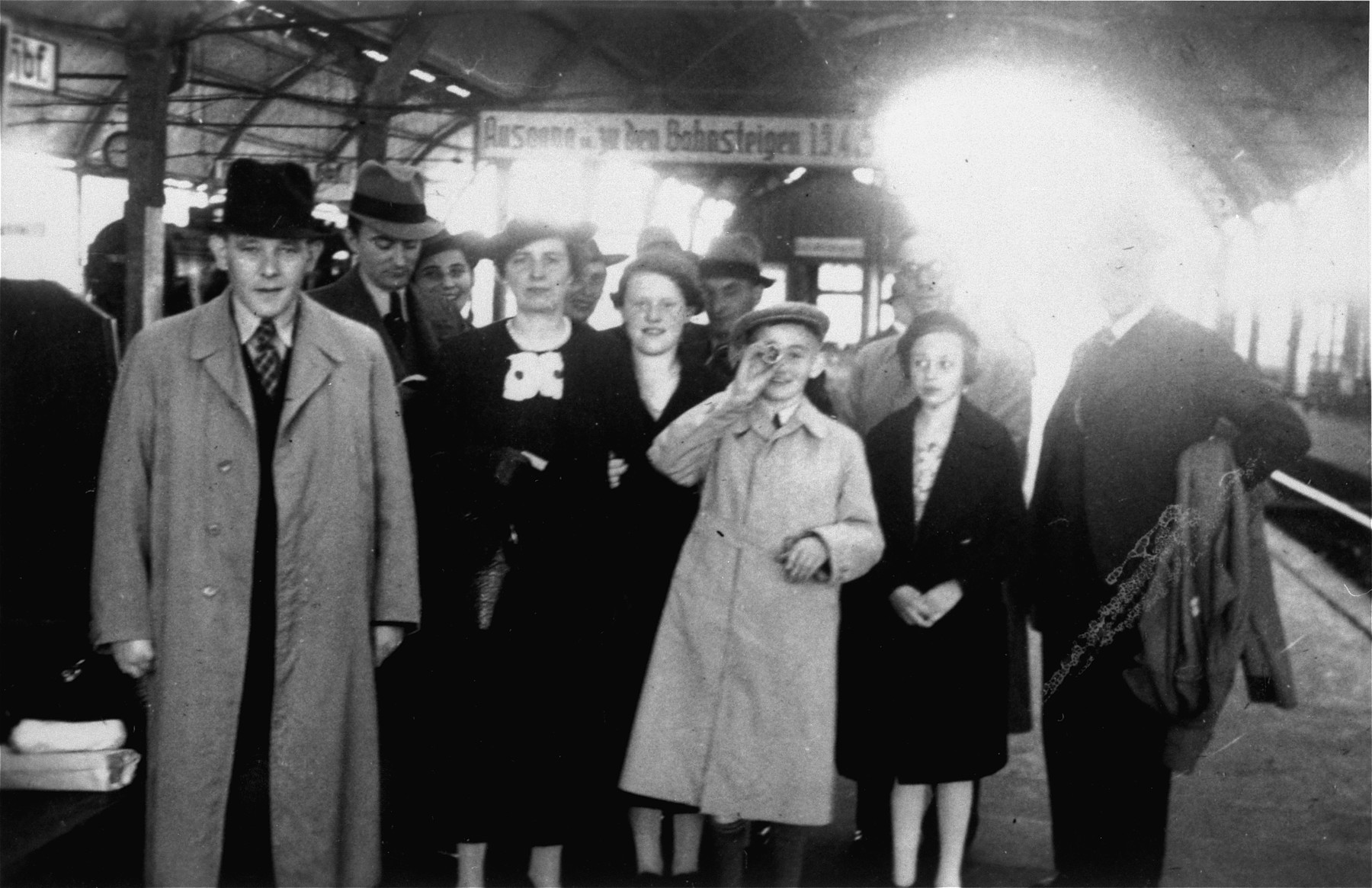 A Jewish family poses at the train station before leaving Germany for the United States.

Among those pictured are Sol and Henrietta Meyer with their son Harvey.  The Meyers are the aunt and uncle of the donor, Jill Berg Pauly,