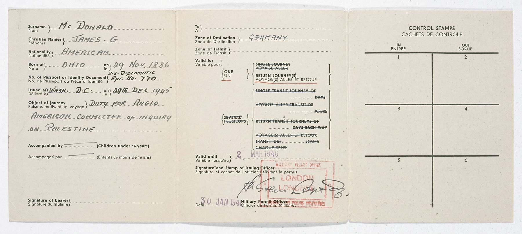 Interior pages of a military entry permit issued to James G. McDonald giving him permission to travel freely throughout Germany as a member of the Anglo-American Committee of Inquiry on Palestine.