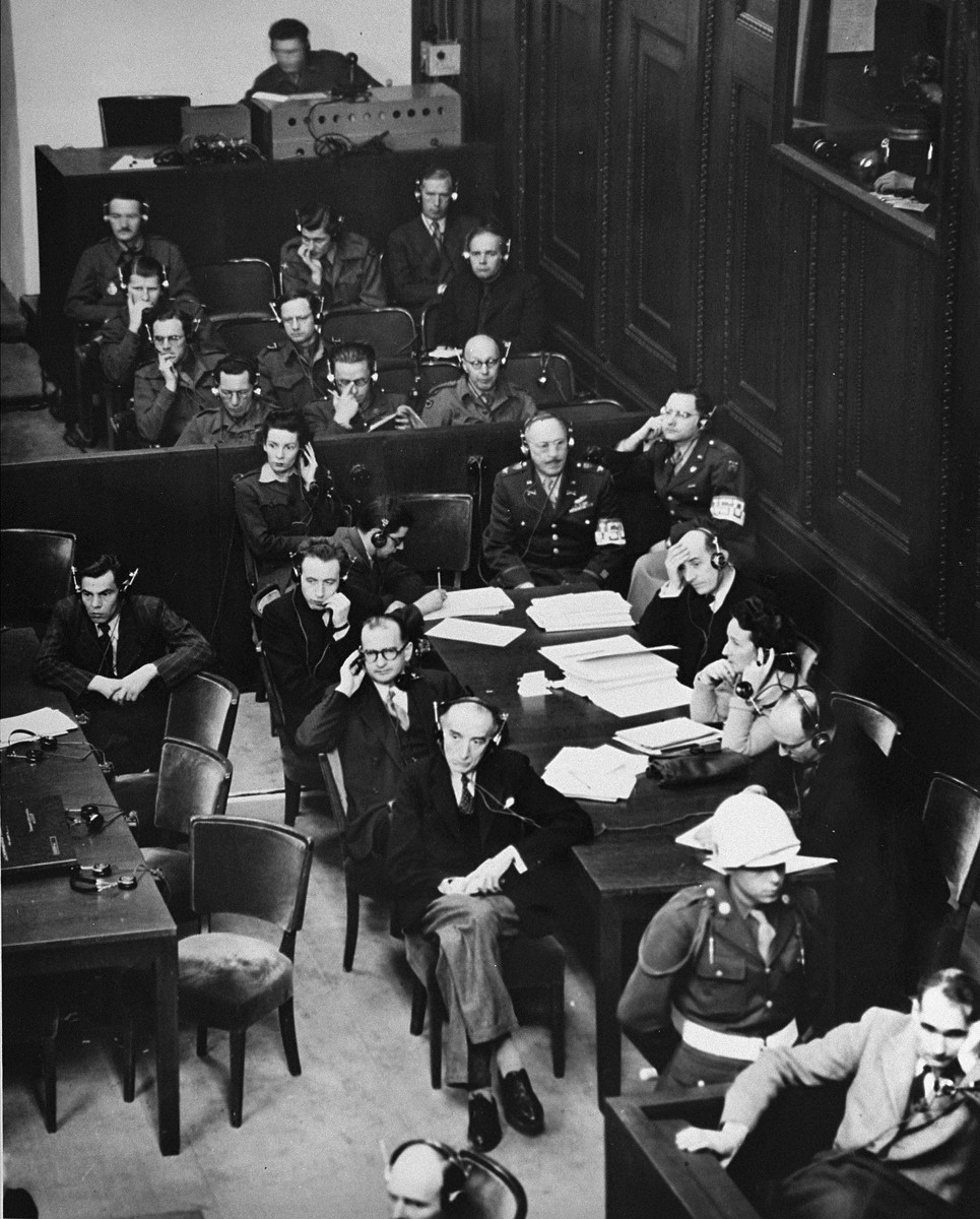 The French prosecution table at the International Military Tribunal trial of war criminals at Nuremberg.