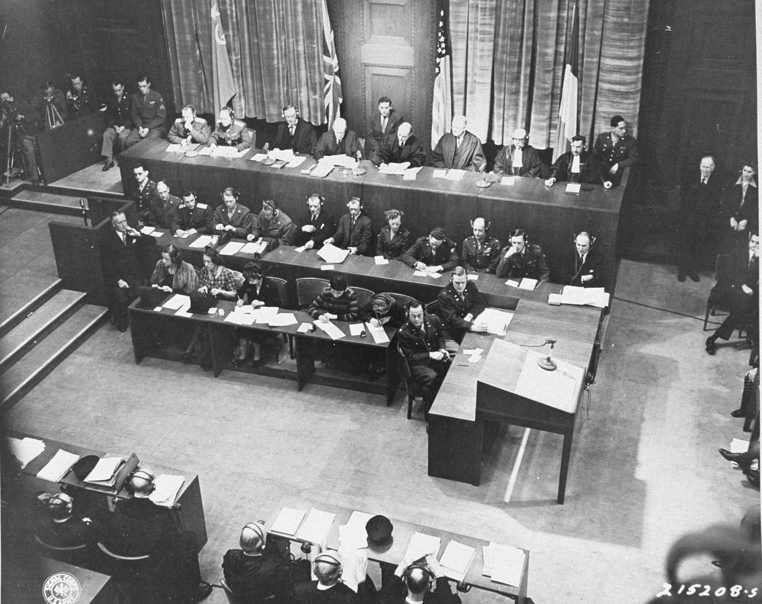 View of the judges' bench at the opening session of the International Military Tribunal trial of war criminals at Nuremberg.