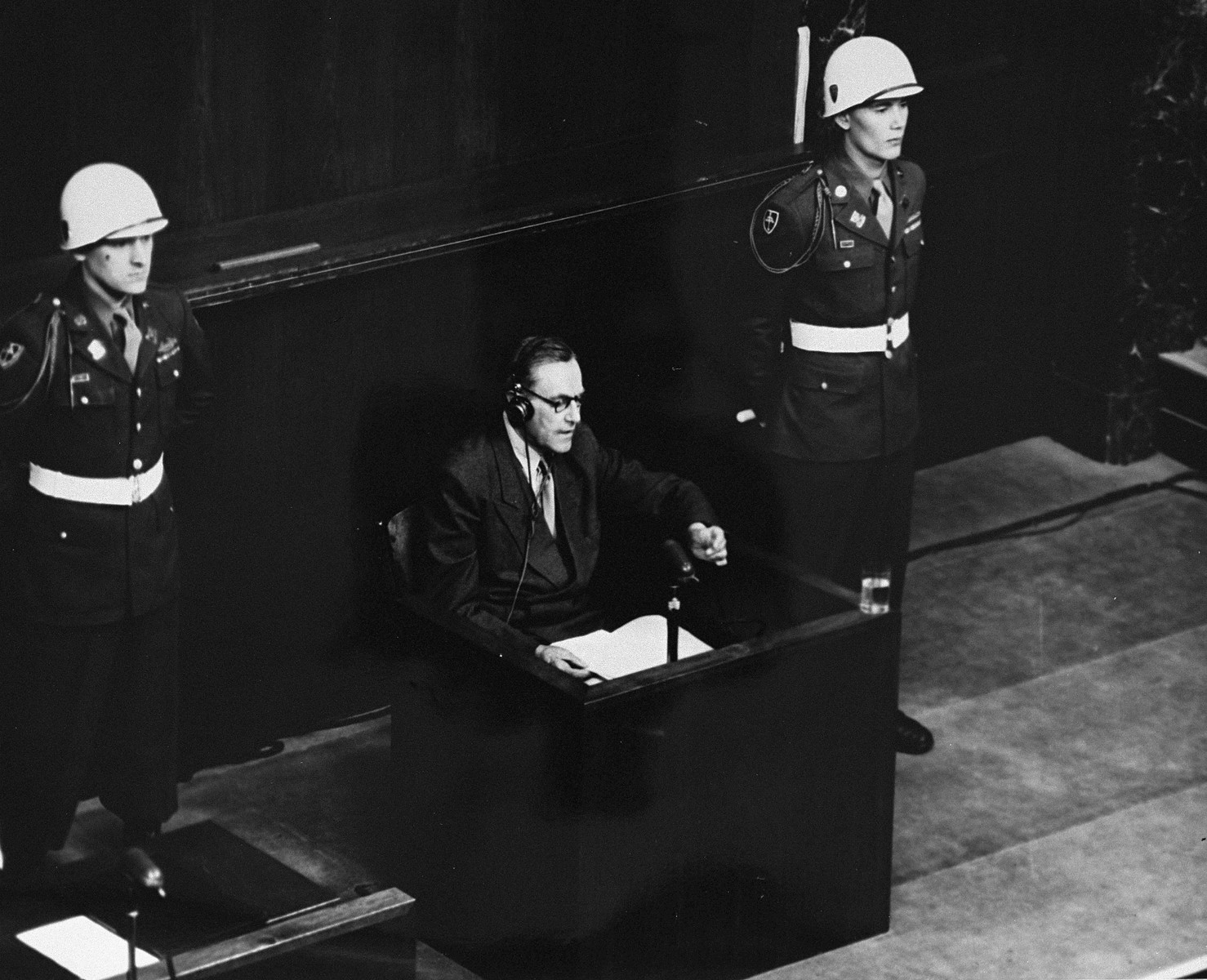 A witness testifies at the International Military Tribunal trial of war criminals at Nuremberg.