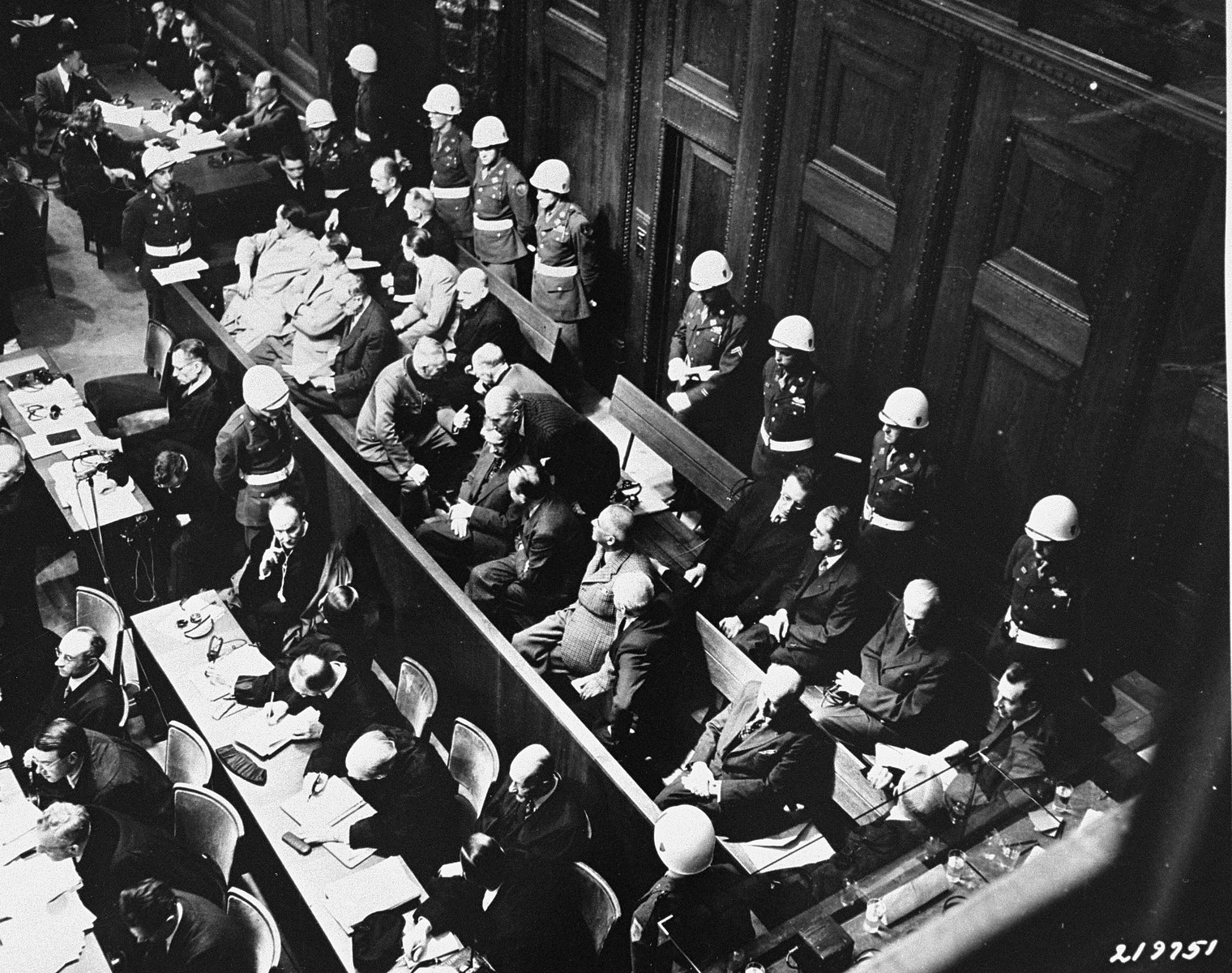 The defendants at the end of a fifteen minute recess, in which they were allowed to confer with their attorneys at the International Military Tribunal trial of war criminals at Nuremberg.