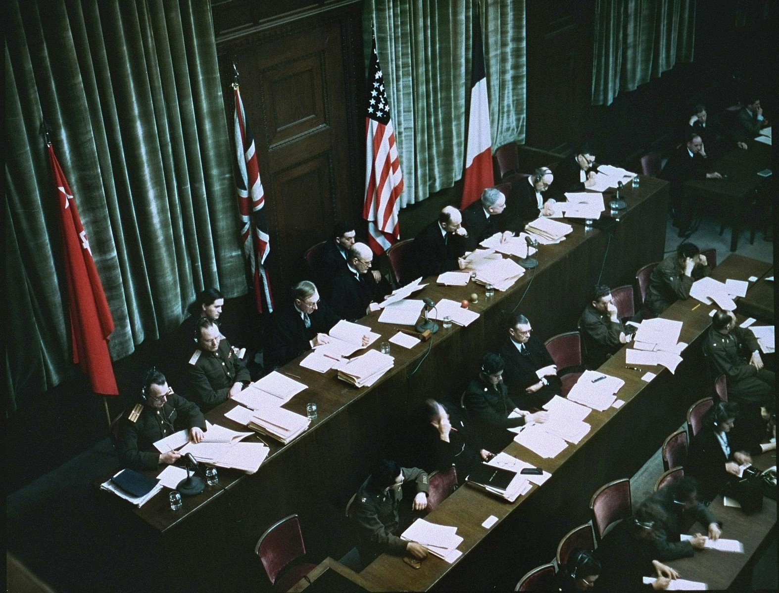 View from above of the judges' bench at the International Military Tribunal in Nuremberg.