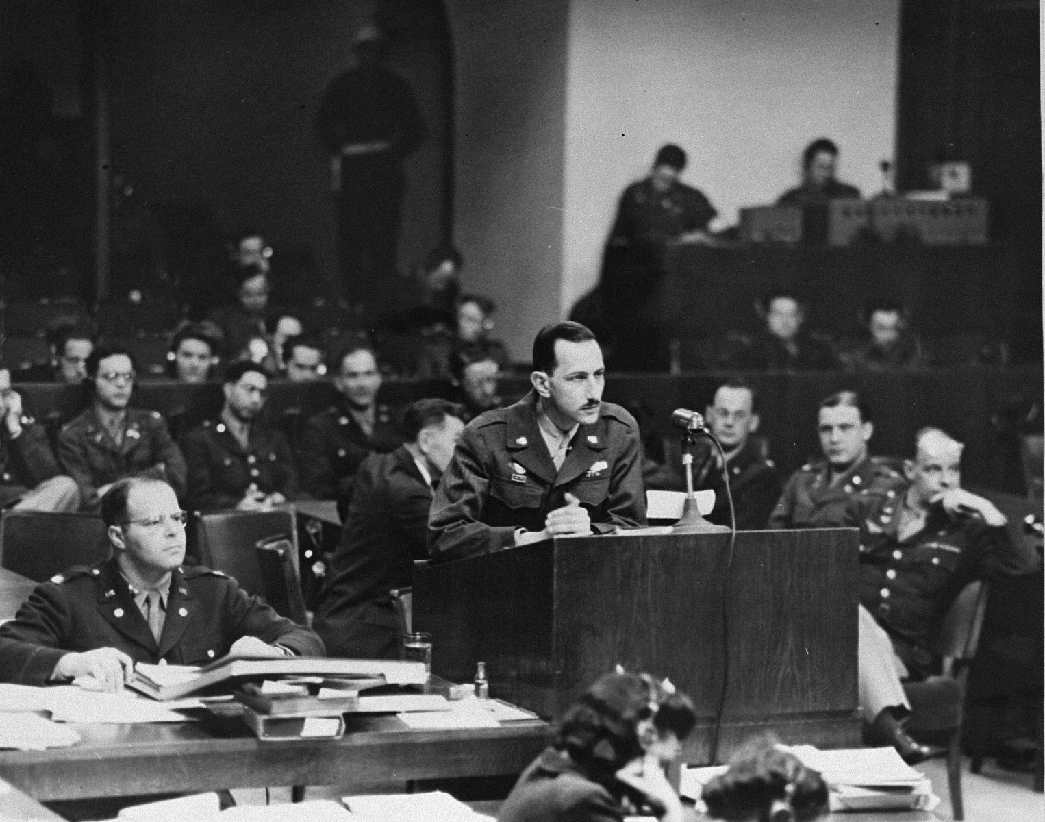 Assistant U.S. trial counsel Walter W. Brudno presents the prosecution's case against Alfred Rosenberg at the International Military Tribunal trial of war criminals at Nuremberg.