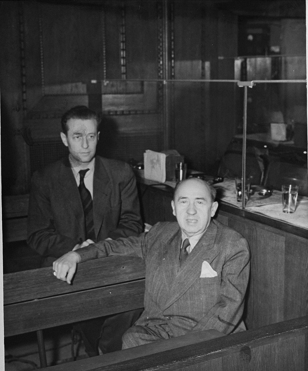 Defendants Walther Funk (right) and Hans Fritzsche (left) in the dock at the International Military Tribunal trial of war criminals at Nuremberg.