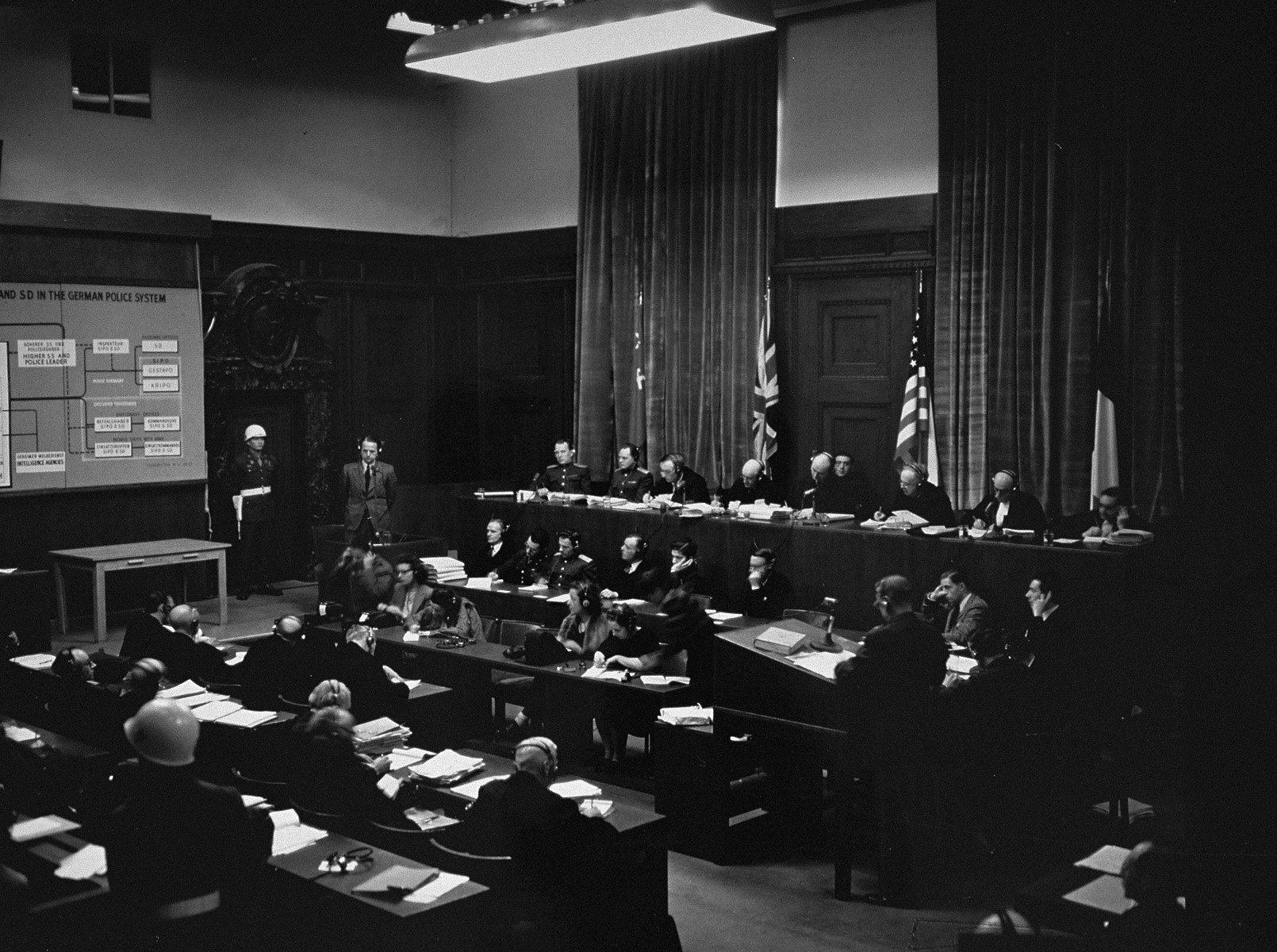 The International Military Tribunal hears evidence on defendant Ernst Kaltenbrunner, the SD, and the German police system at the war crimes trial in Nuremberg.