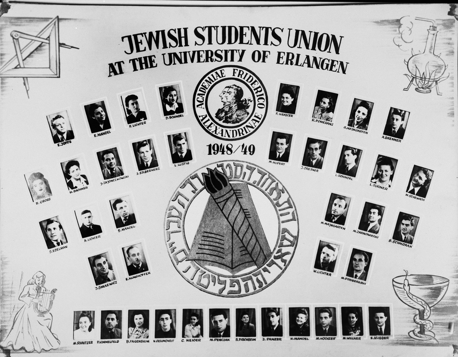 Composite photograph of the members of the Jewish Student Union at the University of Erlangen.

Among those pictured is the president of the Jewish Student Union, Paul Lustig (fourth row, fifth from the left).

Marion Hupert (4th row, fifth from the right) became a dentist as did John Silberherz (later Saunders), fourth from the left.  Renata Gross (later Smilo) fourth row, far left became an endocrinologist.  M. Hochzeit (first row, third from right) became a publisher.