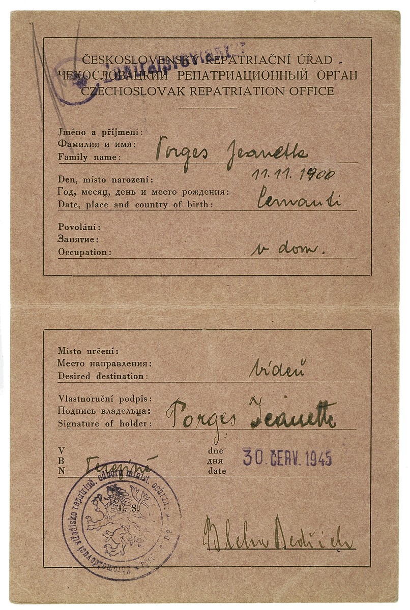 Repatriation certificate issued to Theresienstadt survivor, Jeanette Porges.