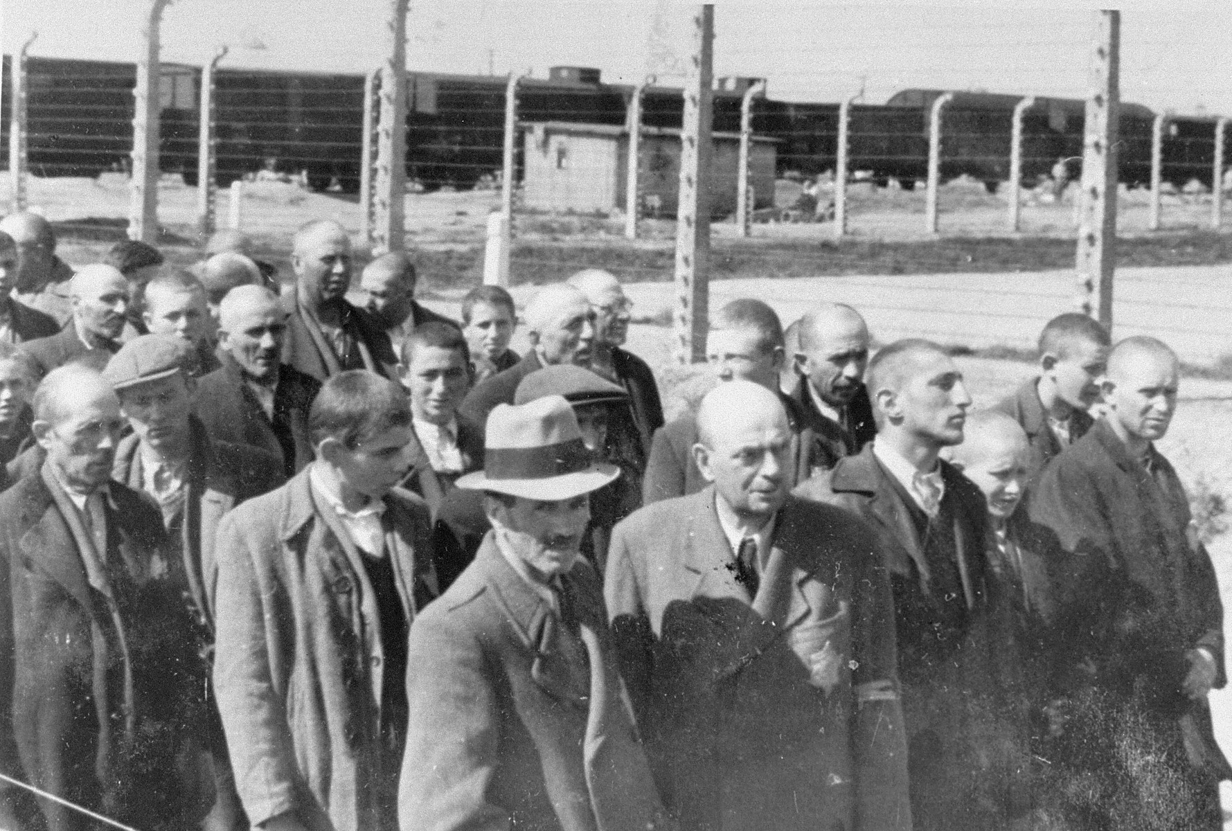 Jews from Subcarpathian Rus who have been selected for forced labor at Auschwitz-Birkenau, are marched to another section of the camp.