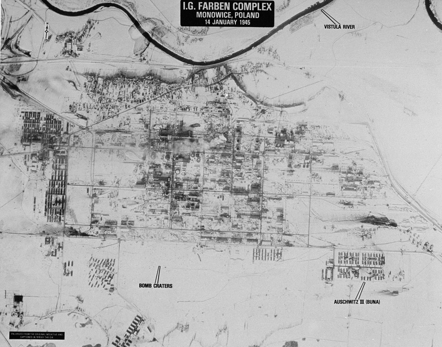 An aerial reconnaissance photograph of the Auschwitz concentration camp showing the I.G. Farben complex.