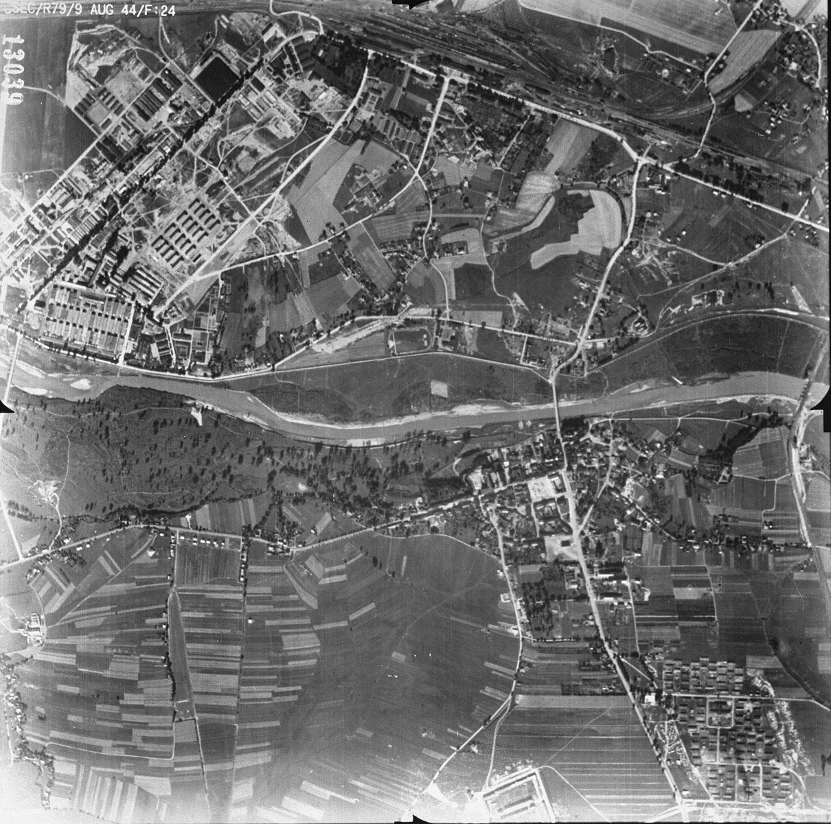 An aerial reconnaissance photo of the Auschwitz area showing a portion of the Auschwitz I main camp. [oversized photograph]