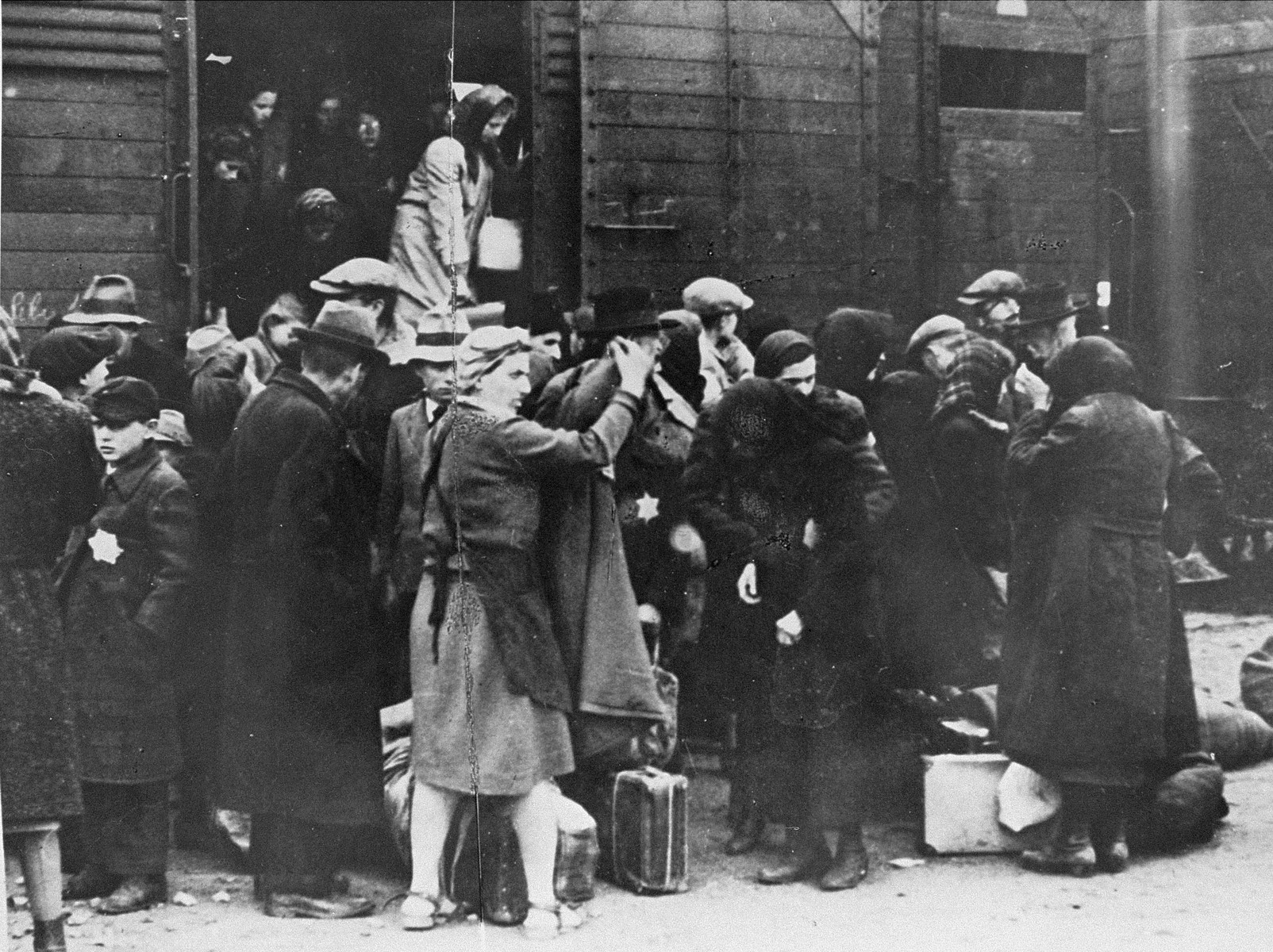 A transport of Jews from Subcarpathian Rus is taken off the trains and assembled on the ramp at Auschwitz-Birkenau.