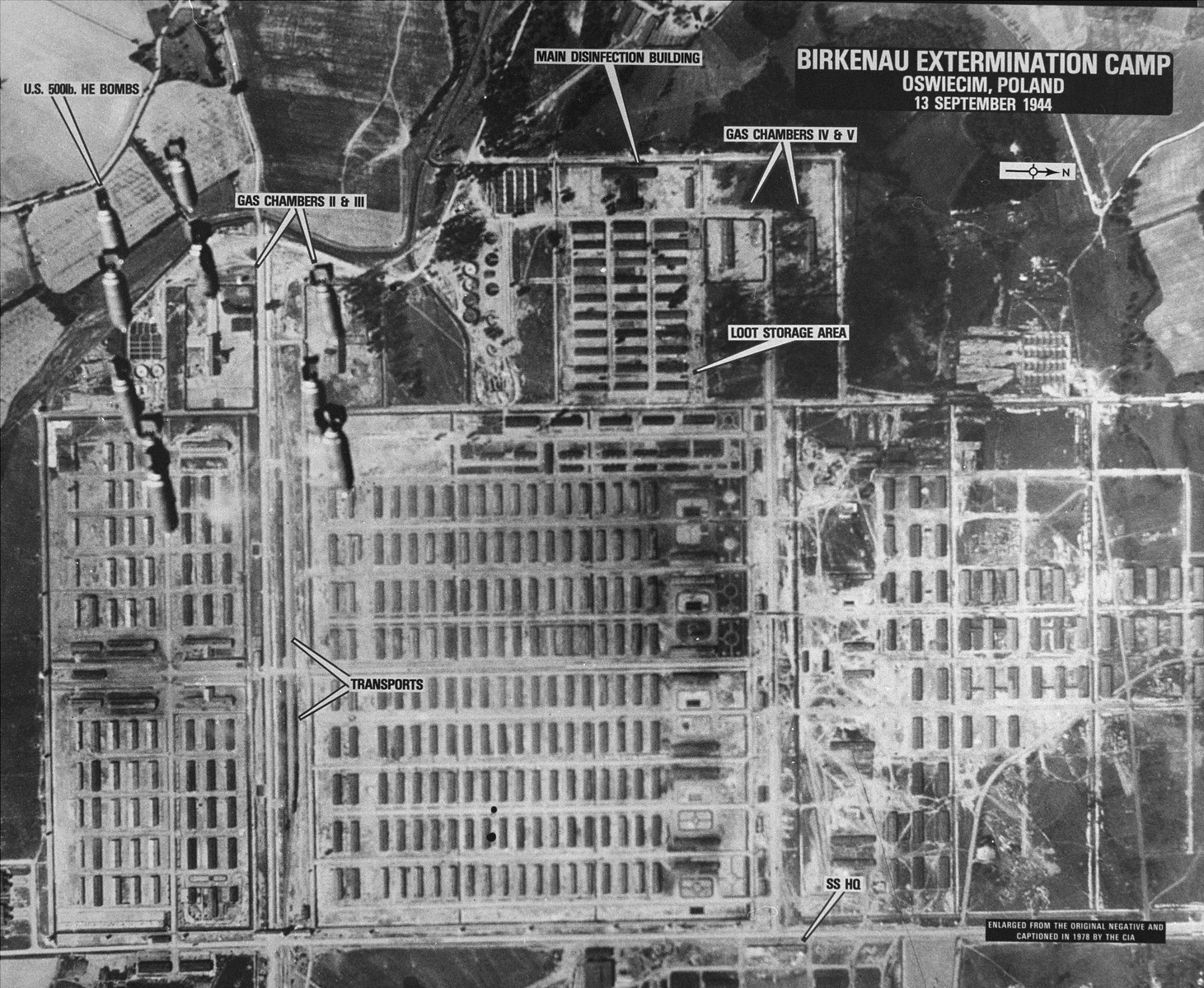 An aerial reconnaissance photograph of the Auschwitz concentration camp showing the Auschwitz II (Birkenau) camp with bombs descending over crematoria II and III.
Mission:  464 BG:4M97;  Scale: 1/23,000;  Focal Length: 12";  Altitude: 23,000';