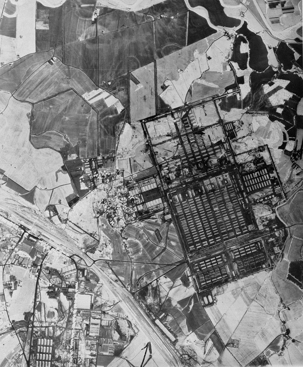 An aerial reconnaissance photograph of the Auschwitz concentration camp showing Auschwitz II (Birkenau).

Mission:  60 PRS/462 60 SQ;  Scale: 1/54,000;  Focal Length: 6";  Altitude: 27,000' [oversized photograph]