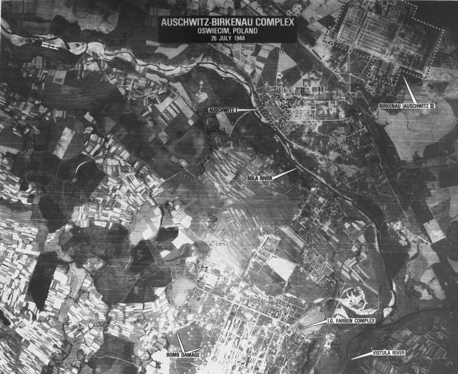 An aerial reconnaissance photograph  showing  Auschwitz II (Birkenau),  including the I.G. Farben plant.