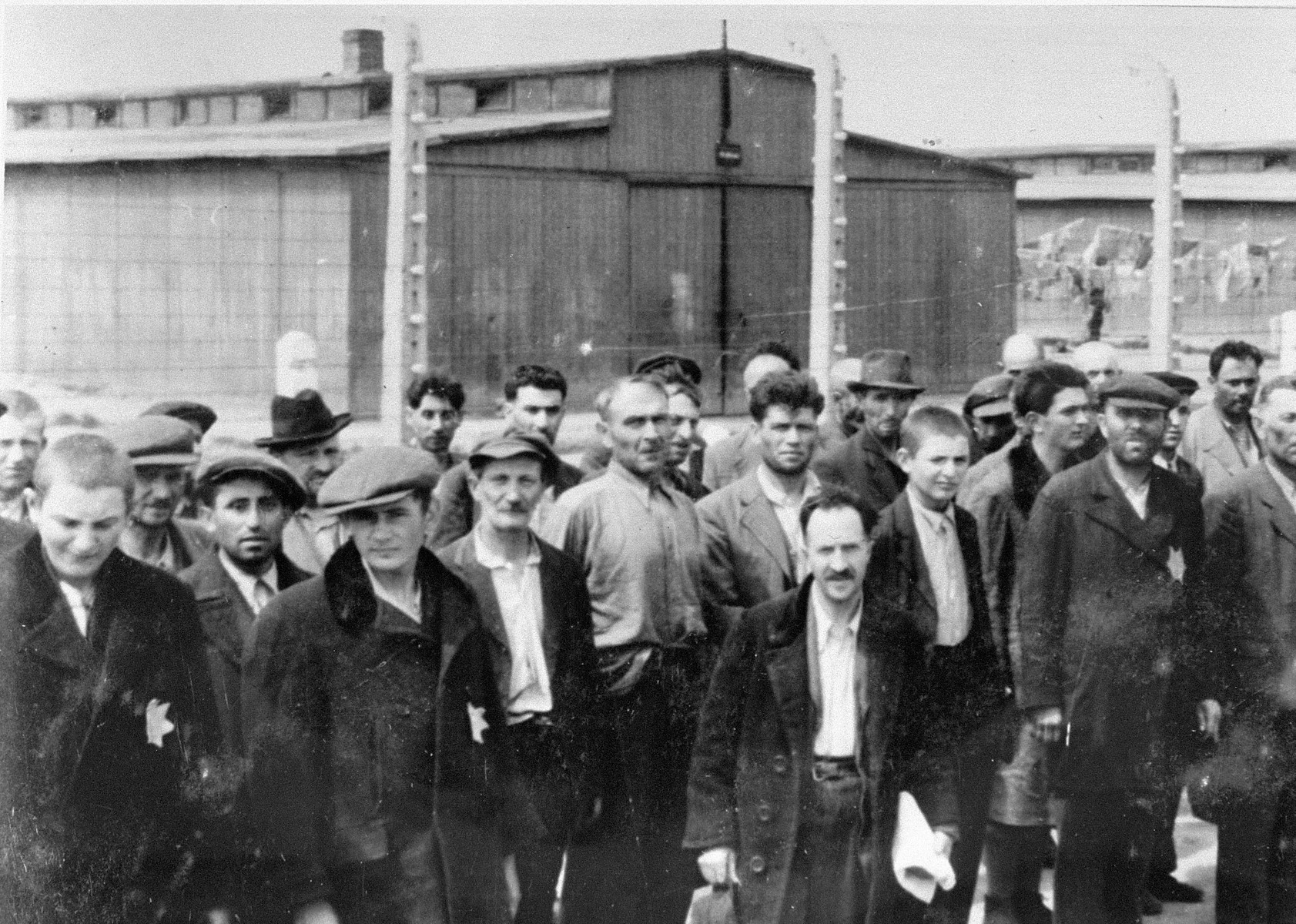 Jews from Subcarpathian Rus who have been selected for forced labor at Auschwitz-Birkenau are assembled in front of a barracks.