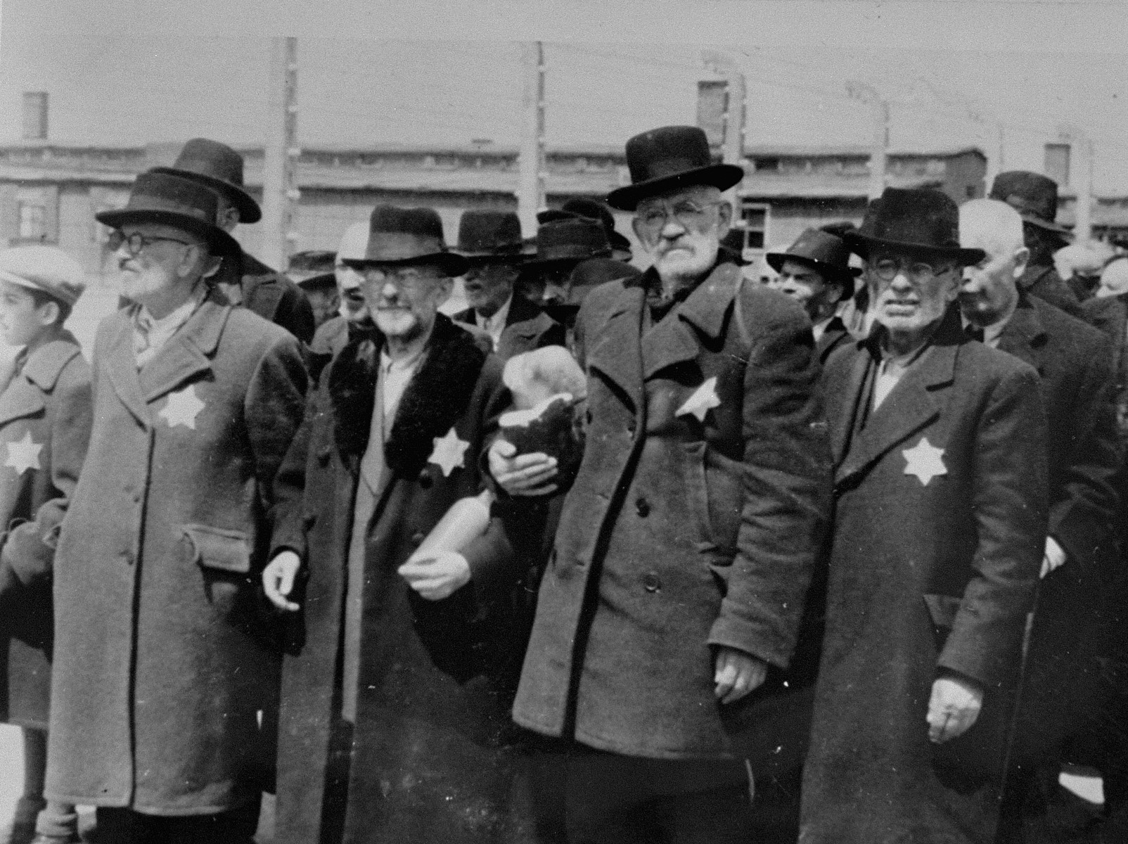 Jewish men from Subcarpathian Rus await selection on the ramp at Auschwitz-Birkenau
 
Those pictured include Mano Goldstein of Diosgyor (second from left), Yitzchak Ignac of Diosgyor (third from left) and Israel Orenstein of Tacovo (far right).  Israel Orenstein survived.