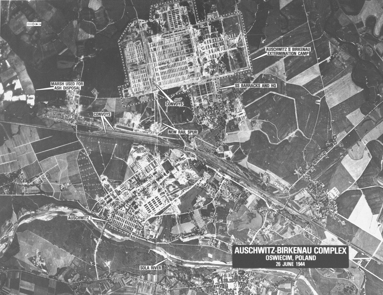 An aerial reconnaissance photograph of the Auschwitz concentration camp showing Auschwitz I and Auschwitz II (Birkenau).

Mission:  60 PR/522 60 SQ;  Scale: 1/60,000;  Focal Length: 6";  Altitude: 30,000'.