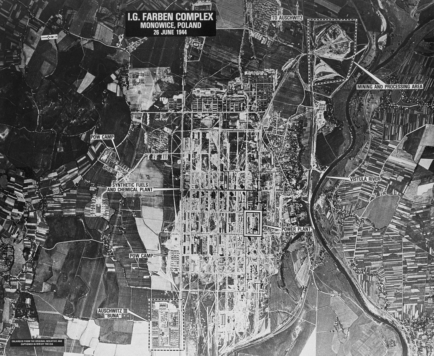 An aerial reconnaissance photograph showing the Auschwitz III (Monowitz) complex surrounding the I.G. Farben Buna production plant.