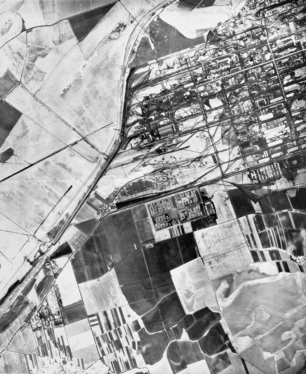A partial aerial reconnaissance view showing the I.G. Farben "Buna" plant and the Auschwitz III (Monowitz) prisoner area.