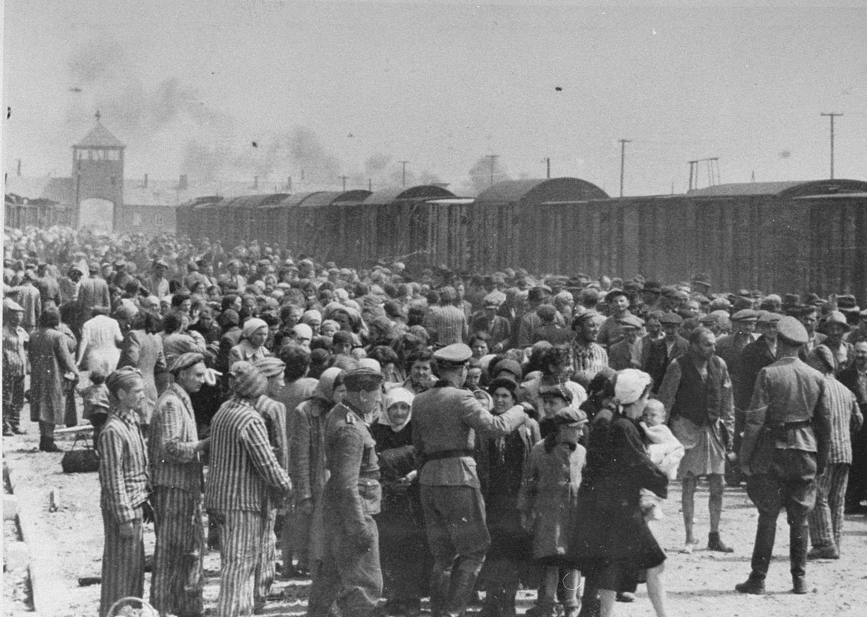 Jews from Subcarpathian Rus undergo a selection on the ramp at Auschwitz-Birkenau.

Pictured in front right is either SS Unterscharfuehrer Wilhelm Emmerich or SS Haupsturmfuehrer Georg Hoecker assisted by the Jewish prisoner Hans Schorr.  Also pictured in the front, second from the front is Jakob de Hond from Holland [also identified as Szlomo Glogower from Makow, Poland] and Yap Van-Gelder, far left [also identified as Shlomo Pivnik].  The woman next to him as been identified as Rosa Landau from Er-Mihaifalva (Valea-Lui-Mihai).