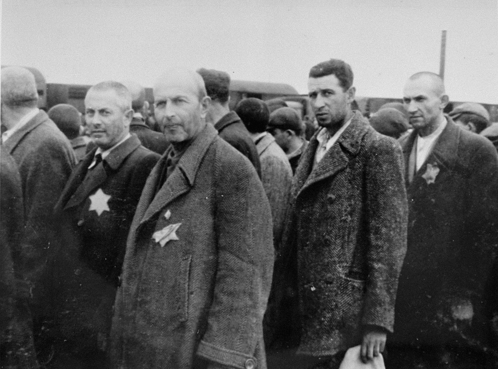 Jews from Subcarpathian Rus who have been selected for forced labor at Auschwitz-Birkenau, wait to be taken to another section of the camp.