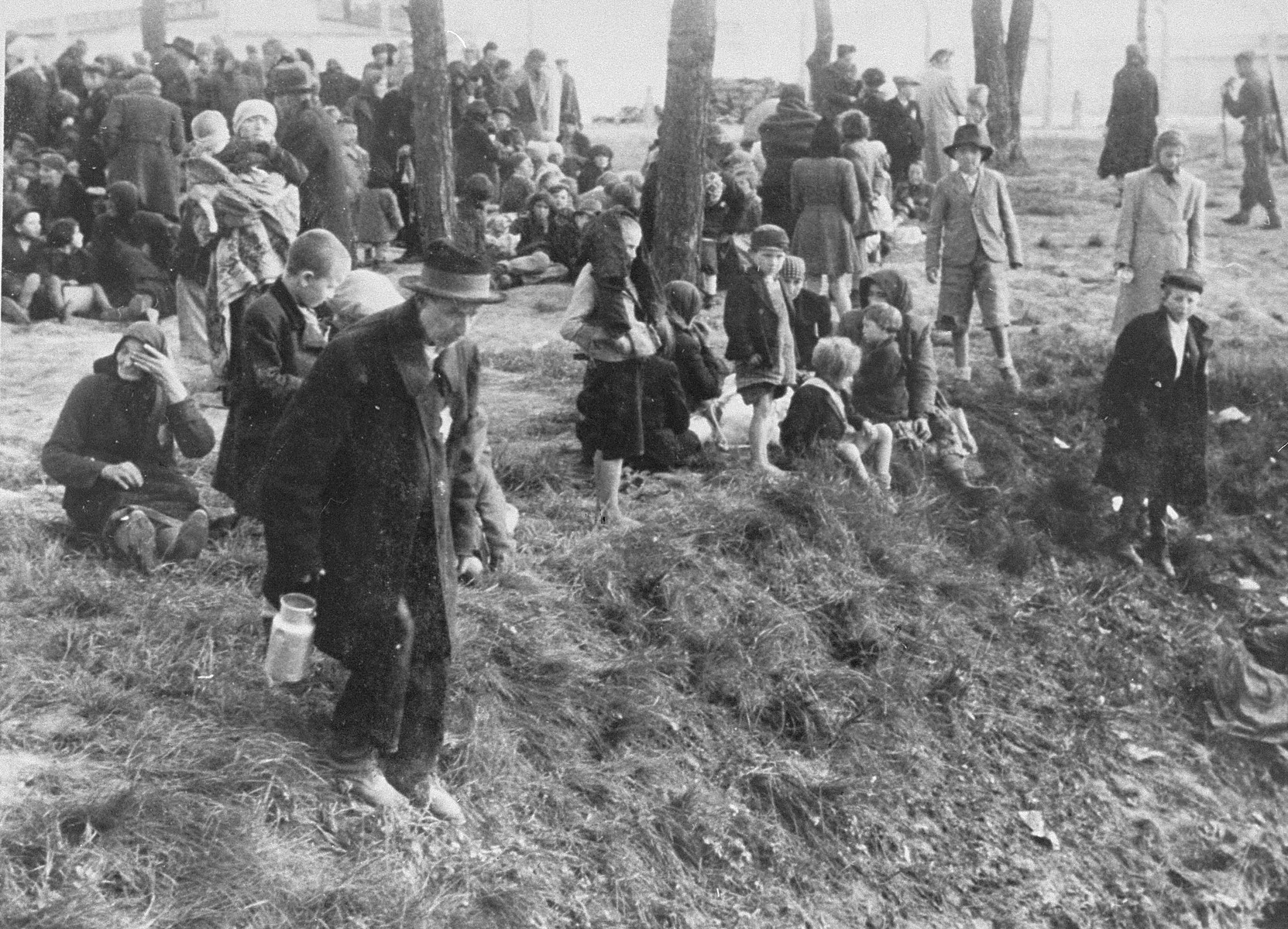 Jews from Subcarpathian Rus who have been selected for death at Auschwitz-Birkenau, wait in a clearing near a grove of trees before being led to the gas chambers.