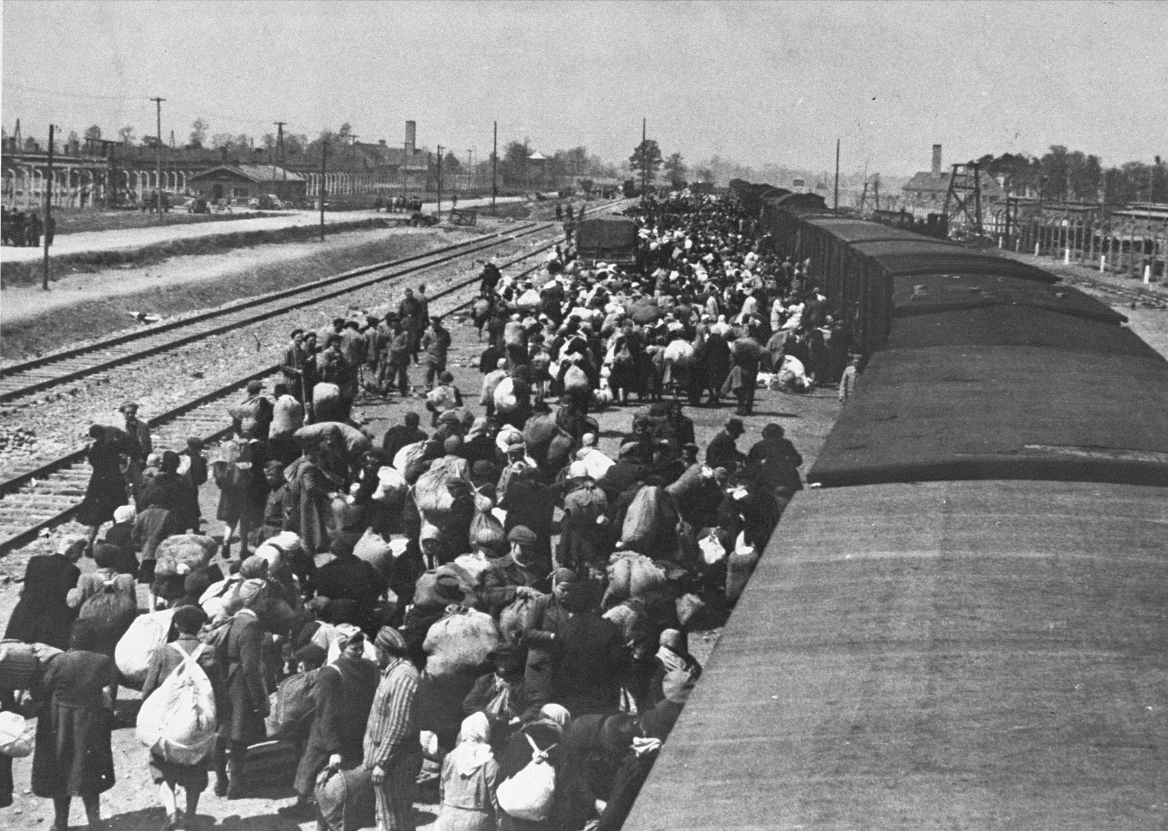 A transport of Jews from Subcarpathian Rus is taken off the trains and assembled on the ramp at Auschwitz-Birkenau.

Pictured in the front is Heinrich Preiss, a member of the Kanada kommando.