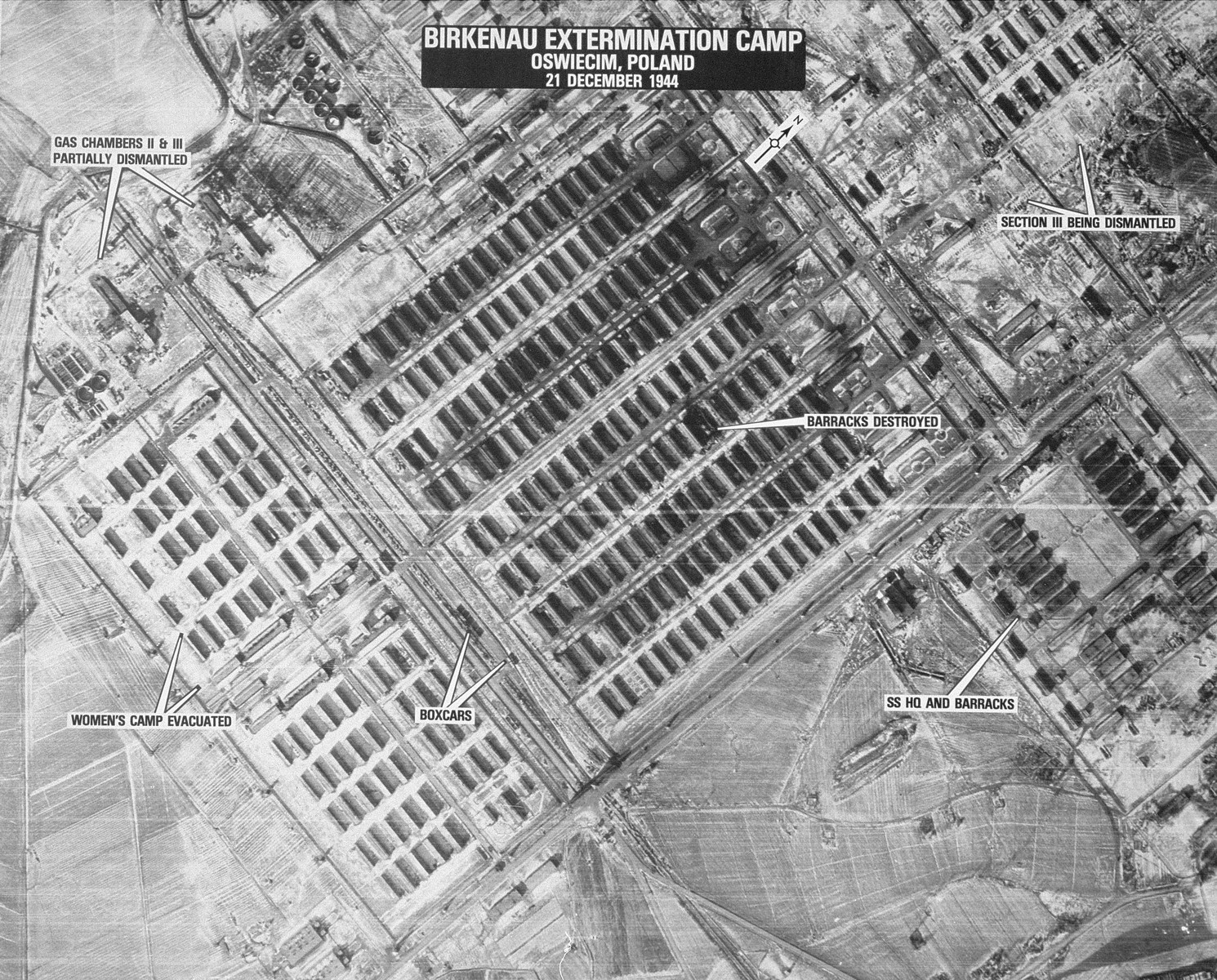 An aerial reconnaissance photograph of the Auschwitz concentration camp showing the Auschwitz II (Birkenau) camp.
Mission:  15SG/994 5PG or 15SG/997 5PG;  Scale: 1/12,500;  Focal Length: 24";  Altitude: 25,000';