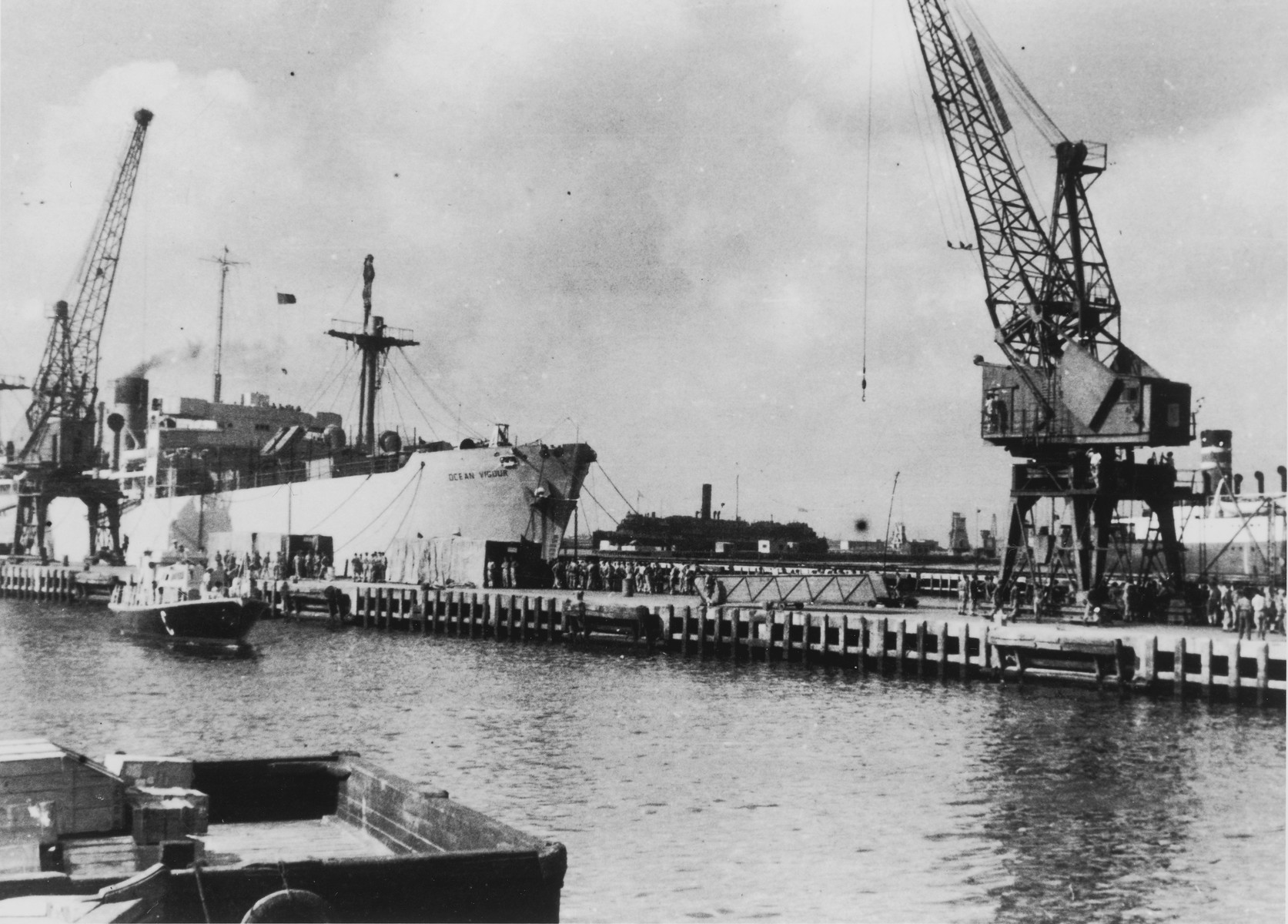 The British "comfort ship," Ocean Vigour, stands in Haifa harbor ready to receive the passengers of the illegal immigrant ship, Exodus 1947.
