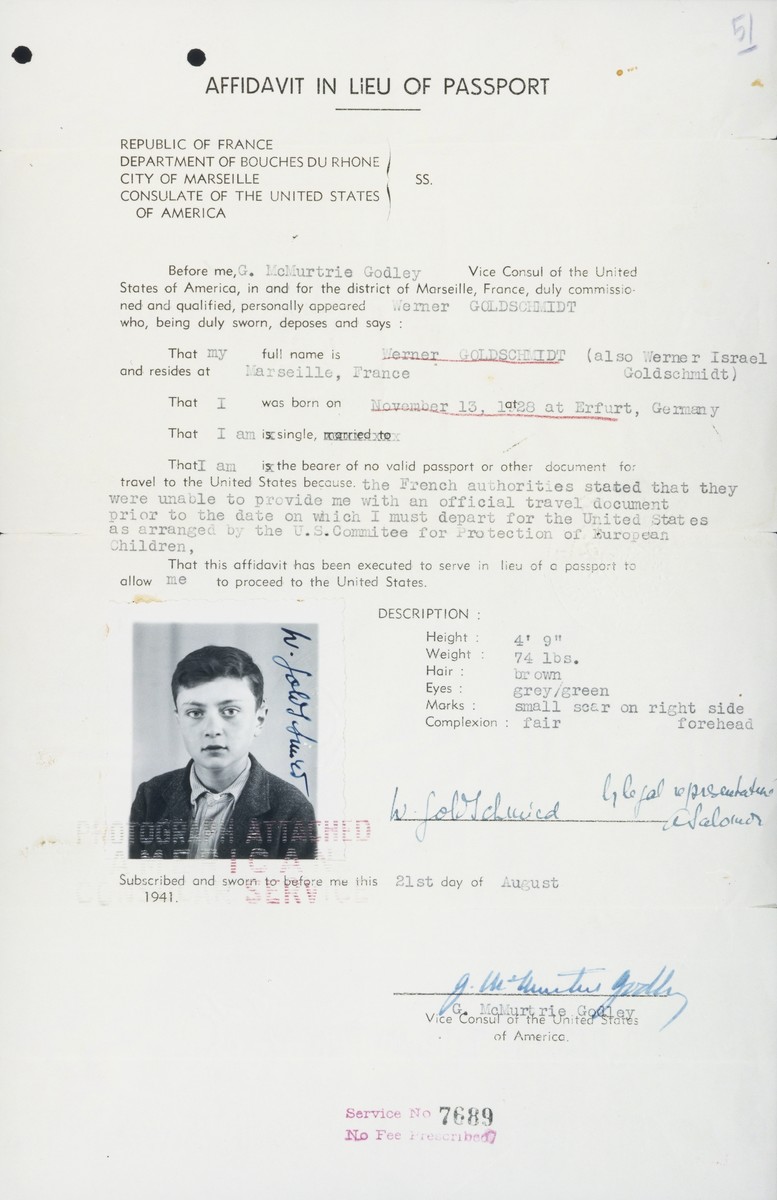 Affadavit in lieu of a passport issued by the American consulate in Marseilles on August 21, 1941 to Werner Goldschmidt, a Jewish refugee youth from Erfurt, Germany, who was scheduled to go to the United States with a children's transport sponsored by the U.S. Committee for the Protection of European Children.

From Marseilles, Werner Goldschmidt travelled to Lisbon, where his affadavit received an embarkation stamp dated September 9, 1941 on the SS Serpa Pinto bound for New York.