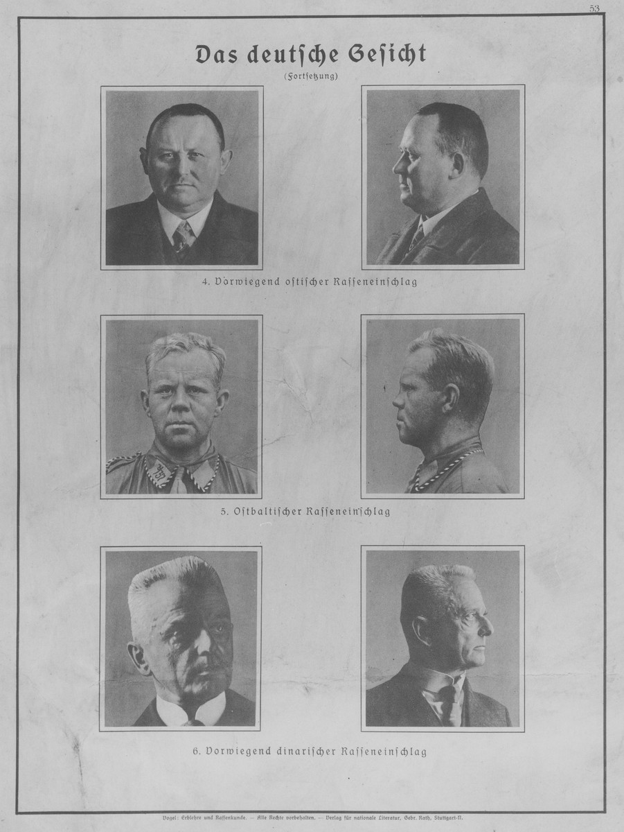Eugenics poster entitled "The German Face." 

The three categories of Aryan facial types are: 4. Predominantly Eastern racial influence; 5. East Baltic racial influence; 6. Predominantly Dinaric racial influence.

This poster is no.53 in a series entitled, "Erblehre und Rassenkunde" (Theory of Inheritance and Racial Hygiene), published by the Verlag für nationale Literatur (Publisher for National Literature), Stuttgart.