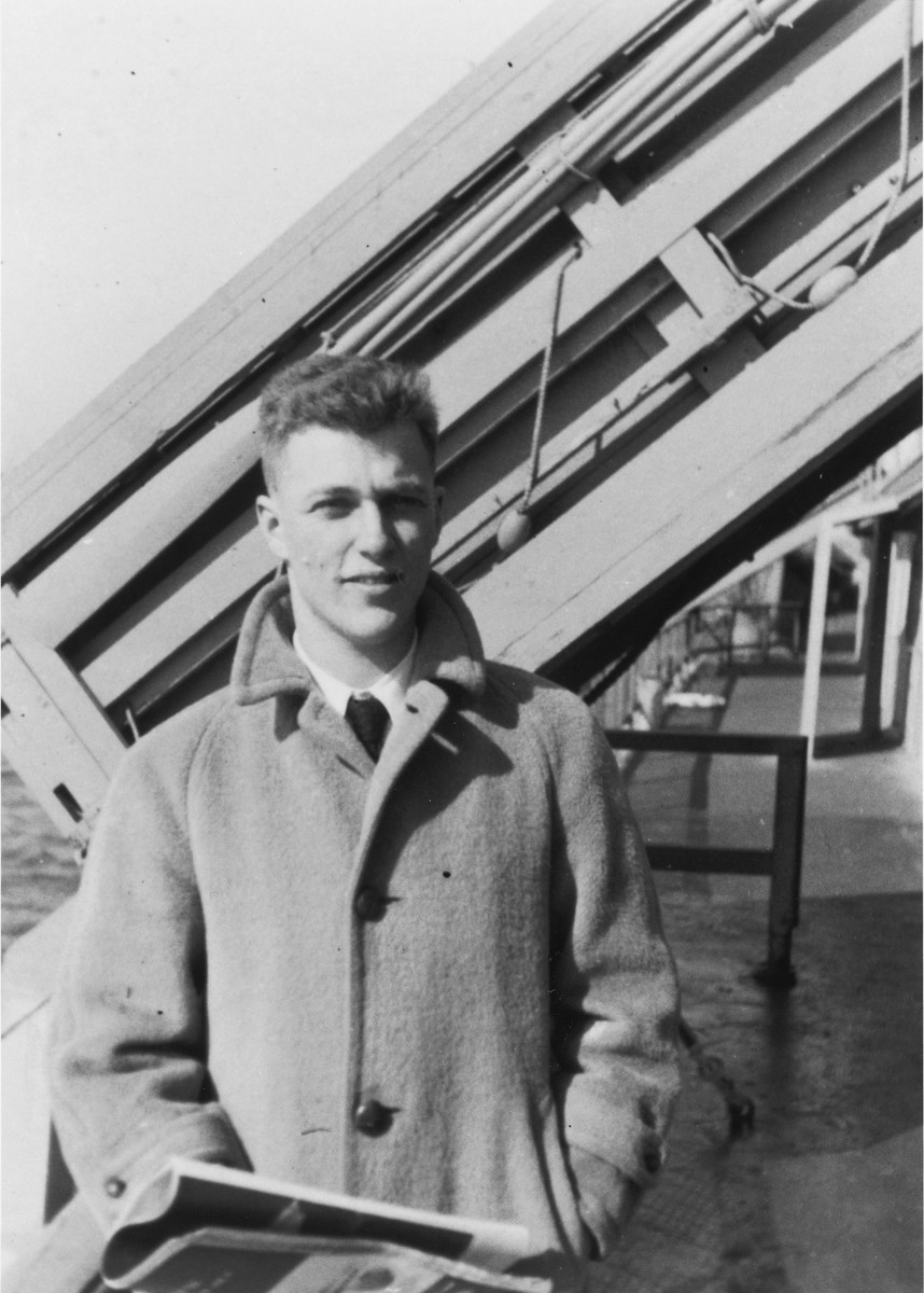 Portrait of Bentley Forman, an American crew member of the illegal immigrant ship Exodus 1947, on the deck of the President Warfield in Baltimore harbor while the ship was undergoing refitting prior to sailing for Europe.