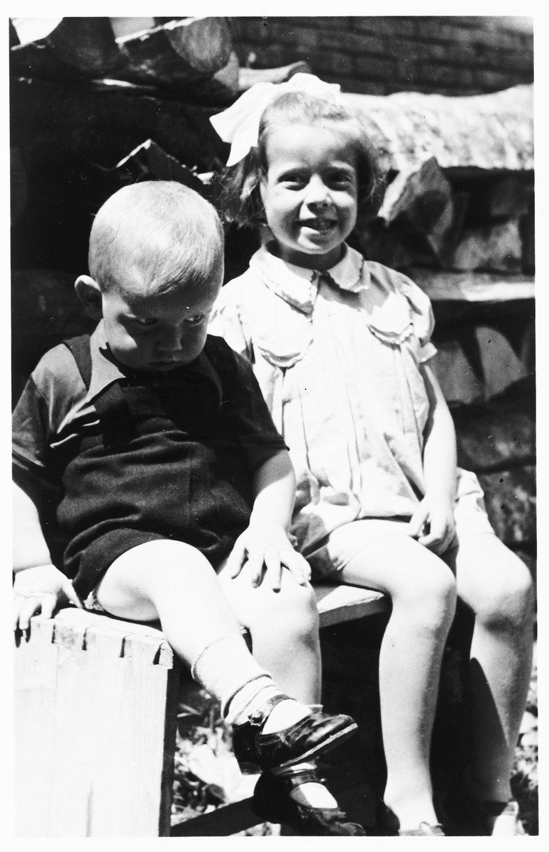 Two young Jewish children who survived the war in hiding, sit on a park bench in Ludbreg, Croatia.

Pictured are Teodora Basch Vrancic and her younger brother Zdravko.