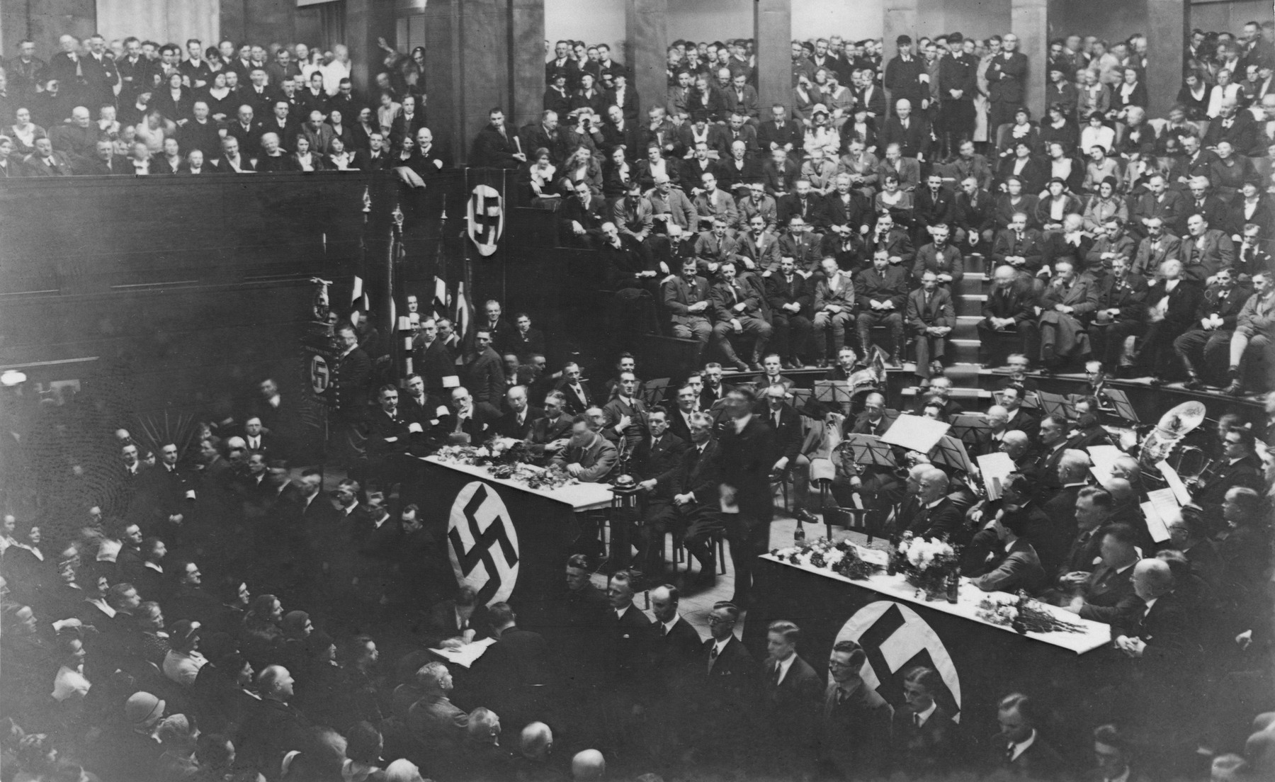 Nazi party leaders fill the Weimar Halle (the public hall in Weimar) after the 1932 presidential elections.