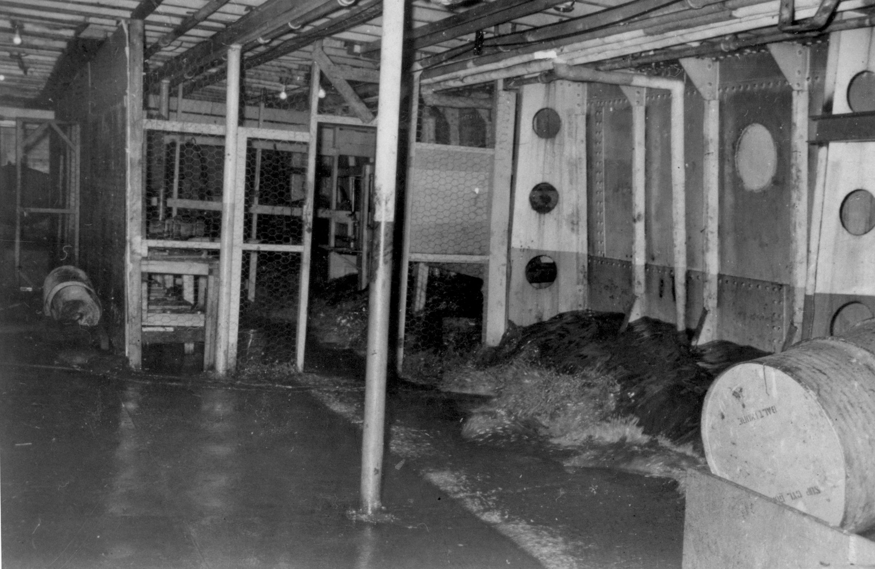 View of the flooded hold of the President Warfield after the gale that nearly sank the ship during its first attempt to cross the Atlantic Ocean.