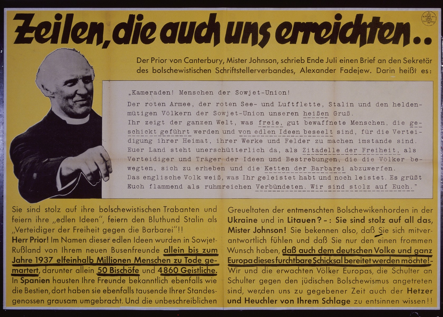 Nazi propaganda poster entitled, "Zeilen, die auch uns erreichten..." issued by the "Parole der Woche," a wall newspaper (Wandzeitung) published by the National Socialist Party propaganda office in Munich.