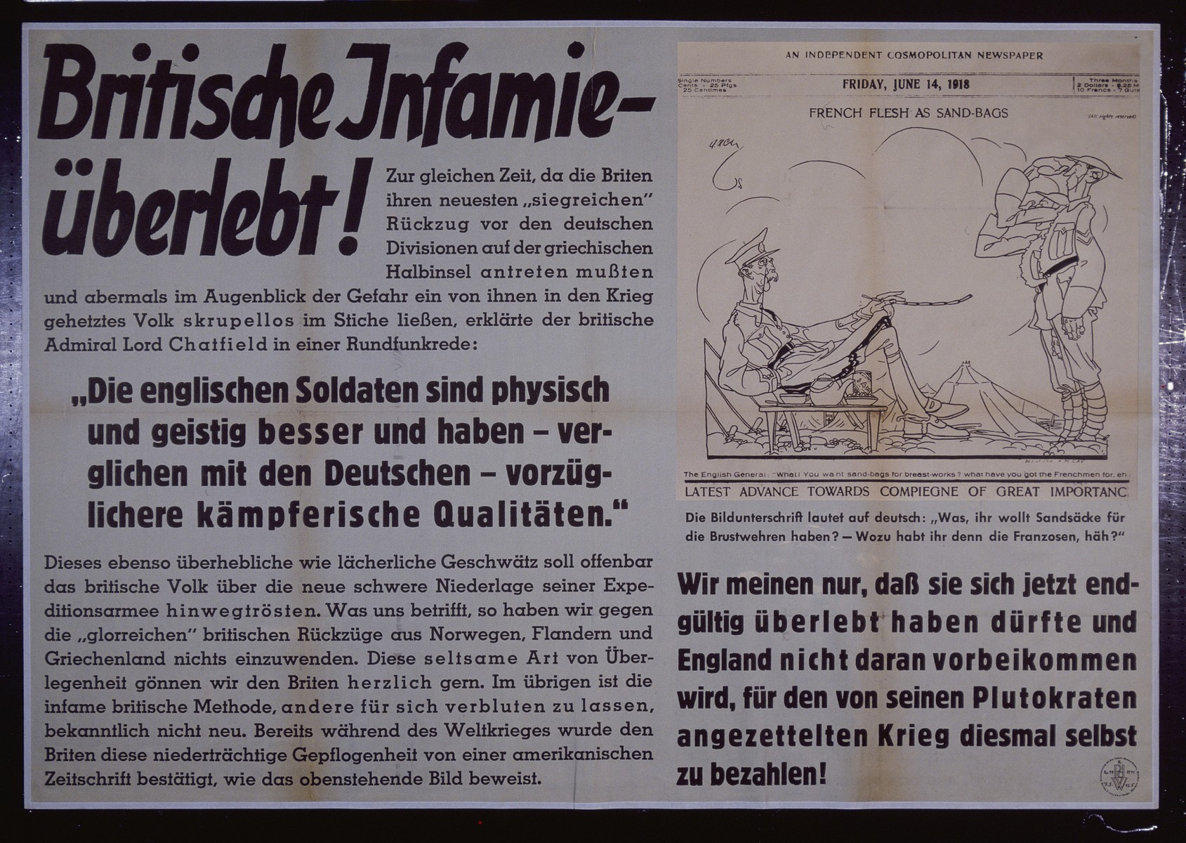 Nazi propaganda poster entitled, "Britische infamie - uberlebt," issued by the "Parole der Woche," a wall newspaper (Wandzeitung) published by the National Socialist Party propaganda office in Munich.