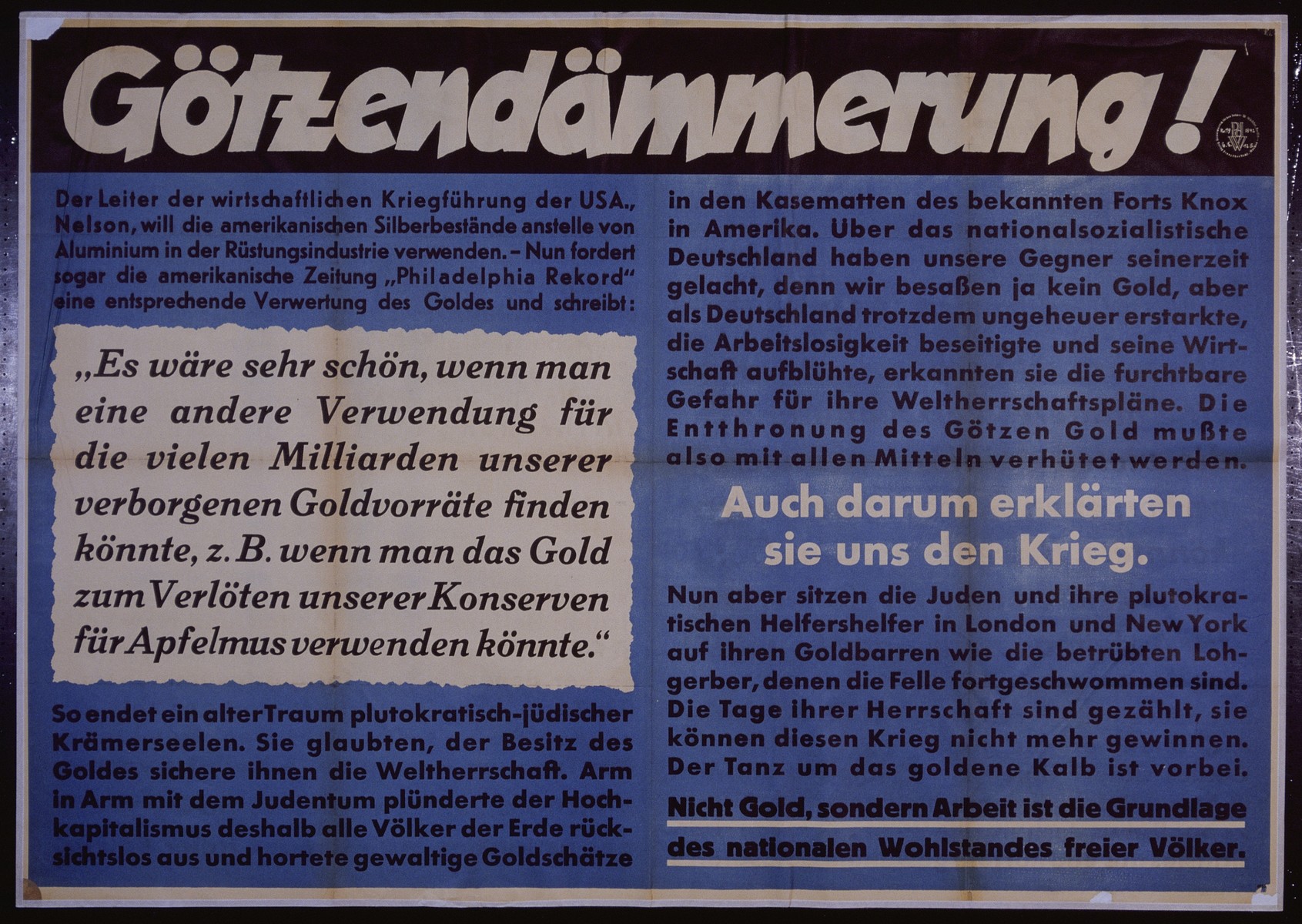 Nazi propaganda poster entitled, "Gotzendammerung," issued by the "Parole der Woche," a wall newspaper (Wandzeitung) published by the National Socialist Party propaganda office in Munich.