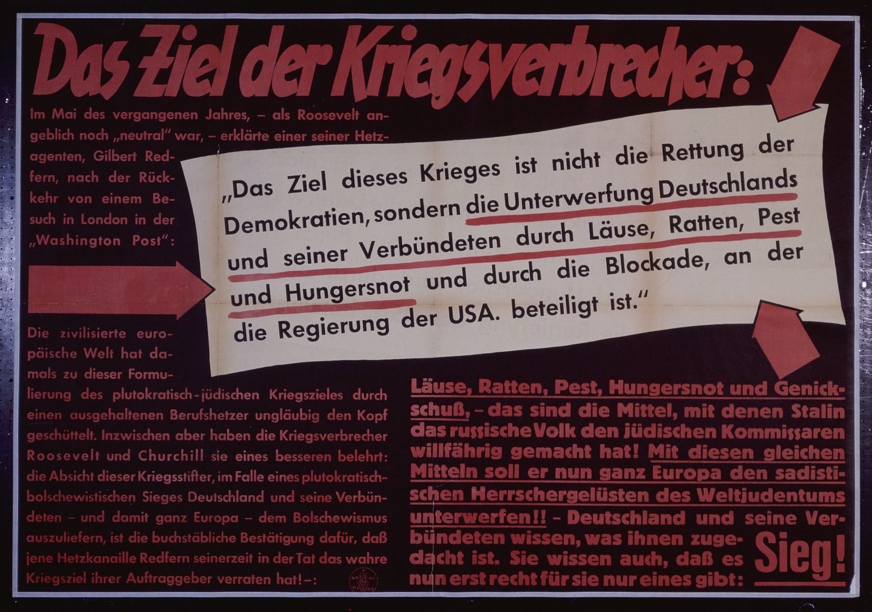 Nazi propaganda poster entitled, "Das Ziel der Kriegsverbrecher,"  issued by the "Parole der Woche," a wall newspaper (Wandzeitung) published by the National Socialist Party propaganda office in Munich.