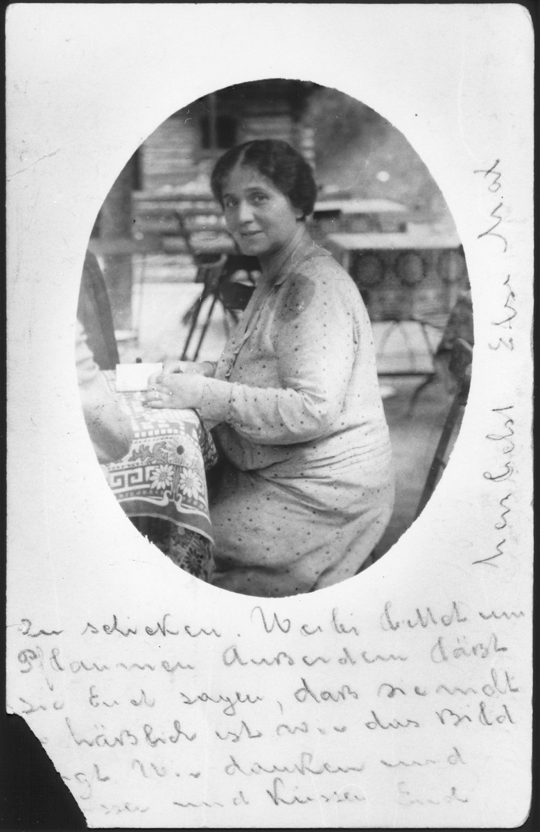 Portrait of Else Chankin on vacation in Bad Gastein.  
The photo was sent as a postcard to her brother-in-law, Jacob Chankin, in Berlin.  Else was the wife of Jewish opera singer Max Chankin from Osijek, Croatia and a relative of the donor.